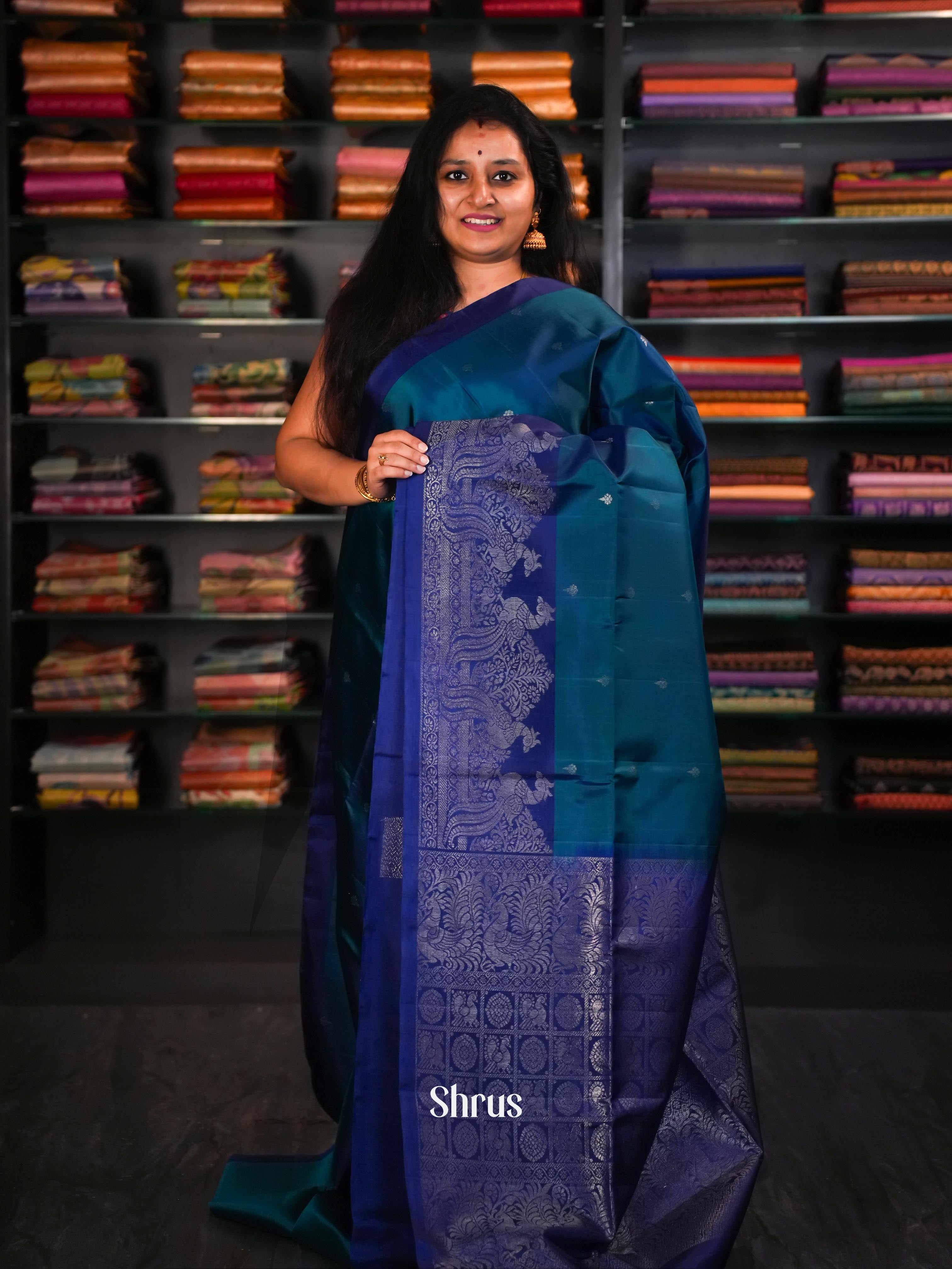 Dark Blue & Double Shaded Midnight Green - Soft Silk Saree - Shop on ShrusEternity.com