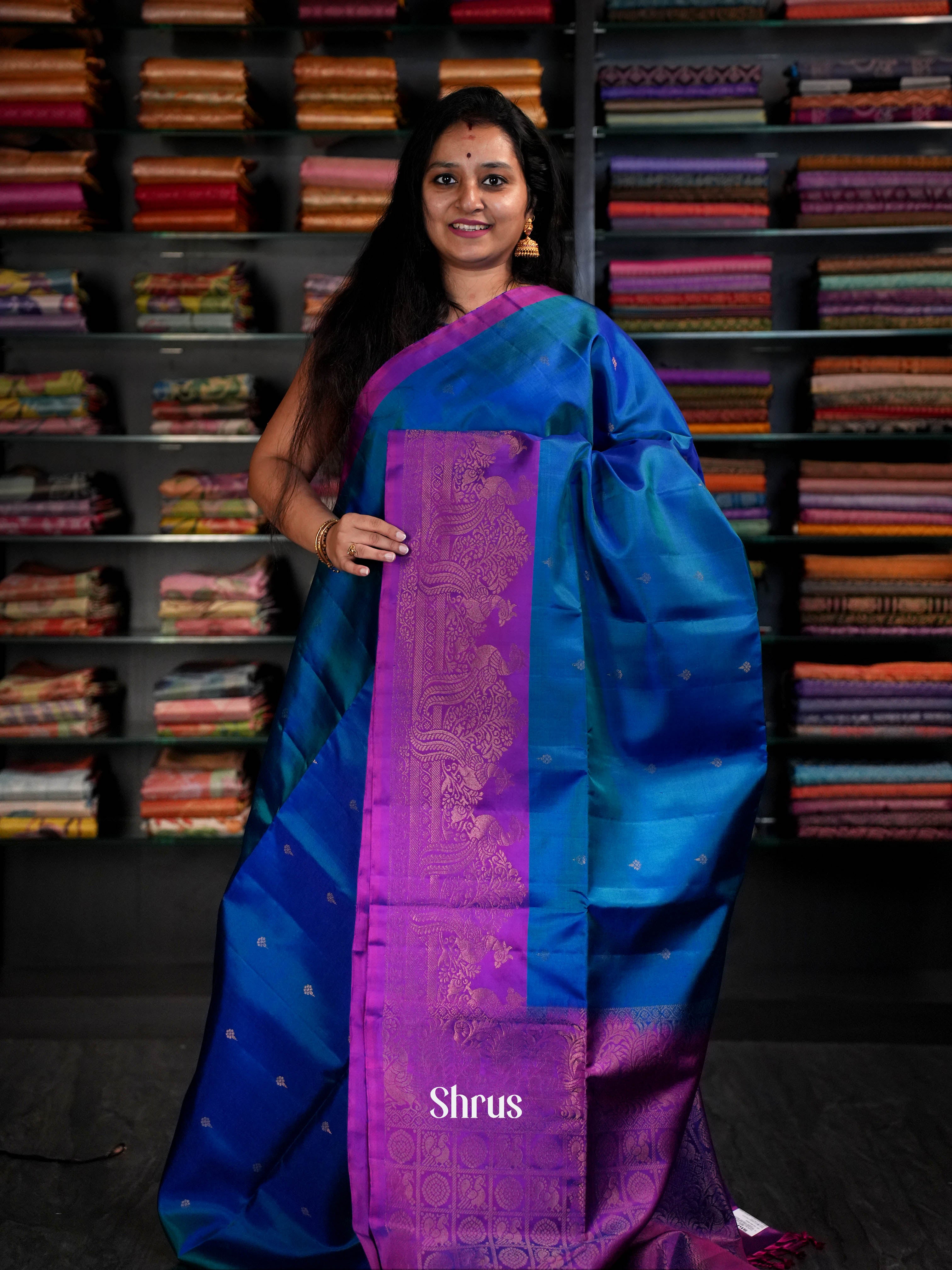 Double Shaded Blue & Double Shaded Purple - Soft Silk Saree - Shop on ShrusEternity.com