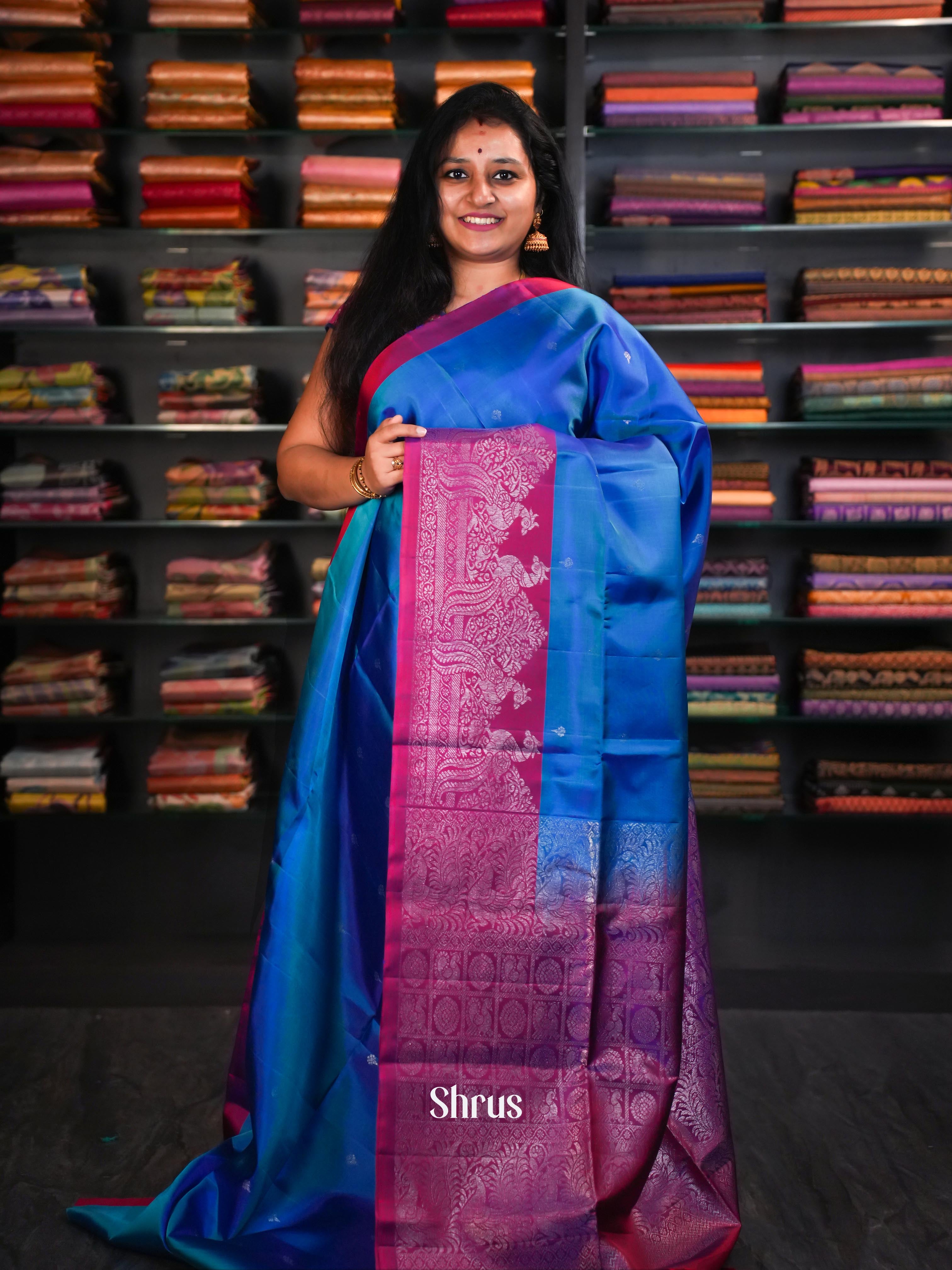 Fancy Blue & Double Shaded Purple Red - Soft Silk Saree-1