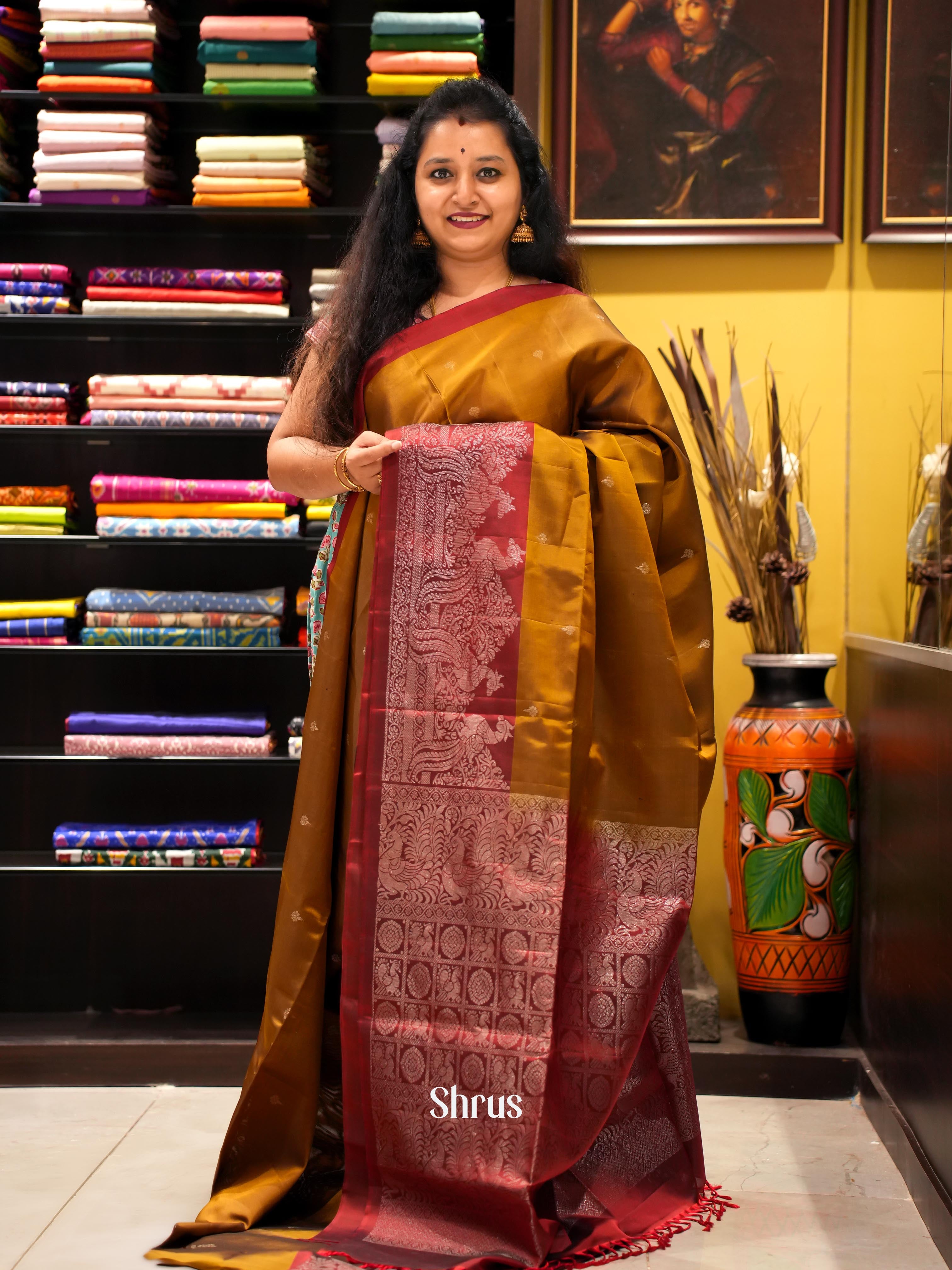 Honey & Maroon- Soft Silk Saree - Shop on ShrusEternity.com