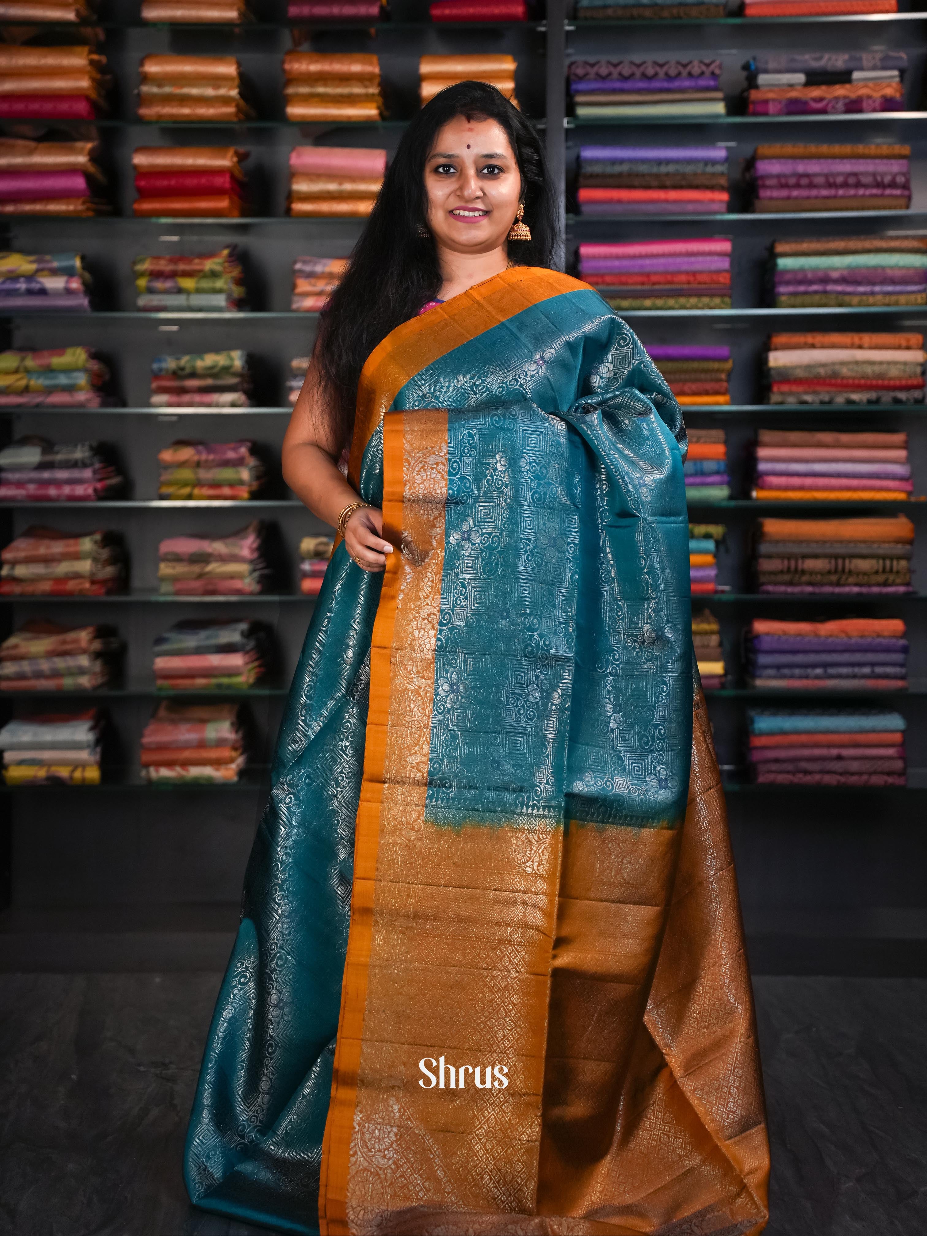 Blue & Honey- Soft Silk Saree - Shop on ShrusEternity.com