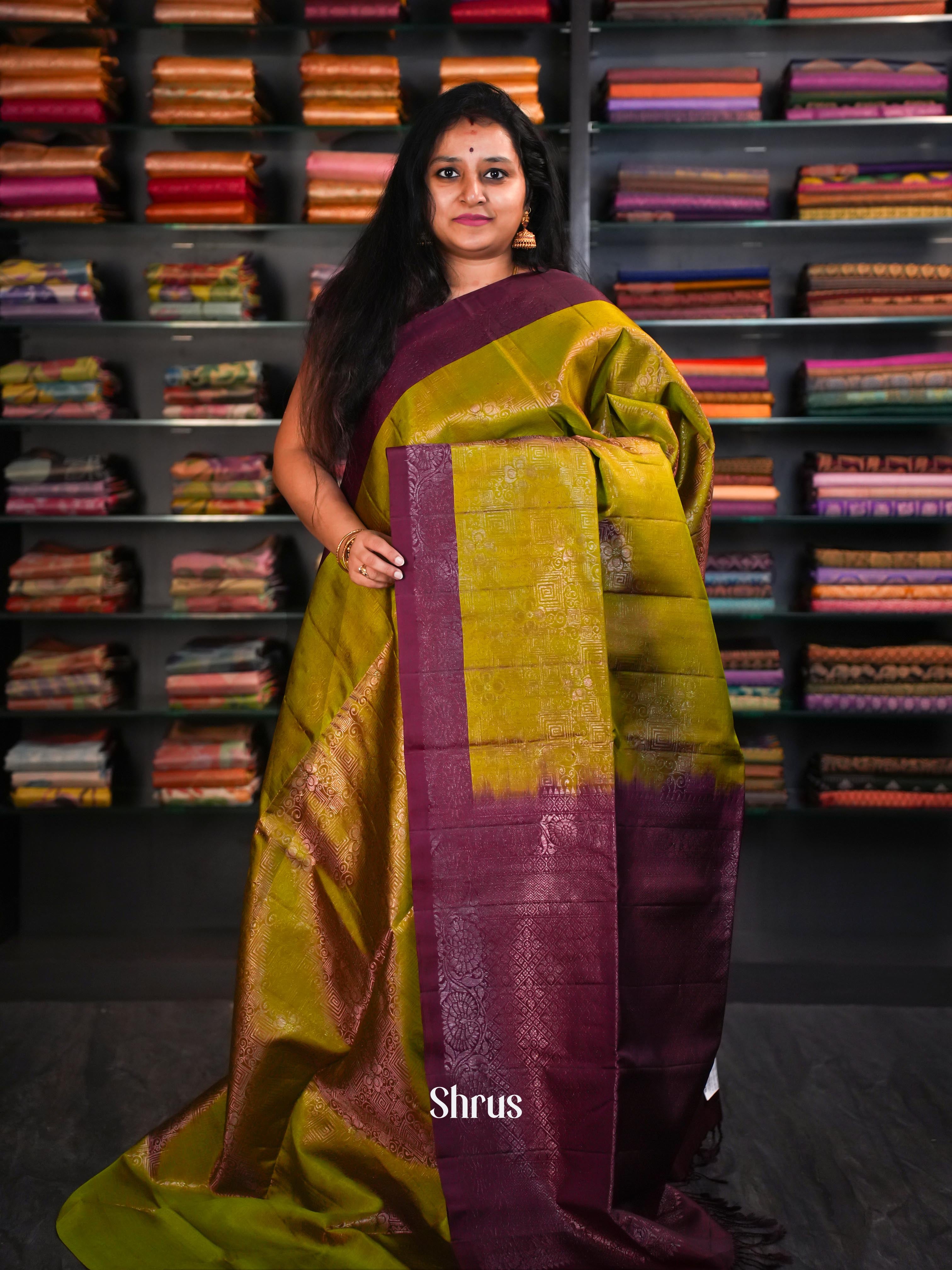 Olive Green & Dark Maroon - Soft Silk Saree - Shop on ShrusEternity.com