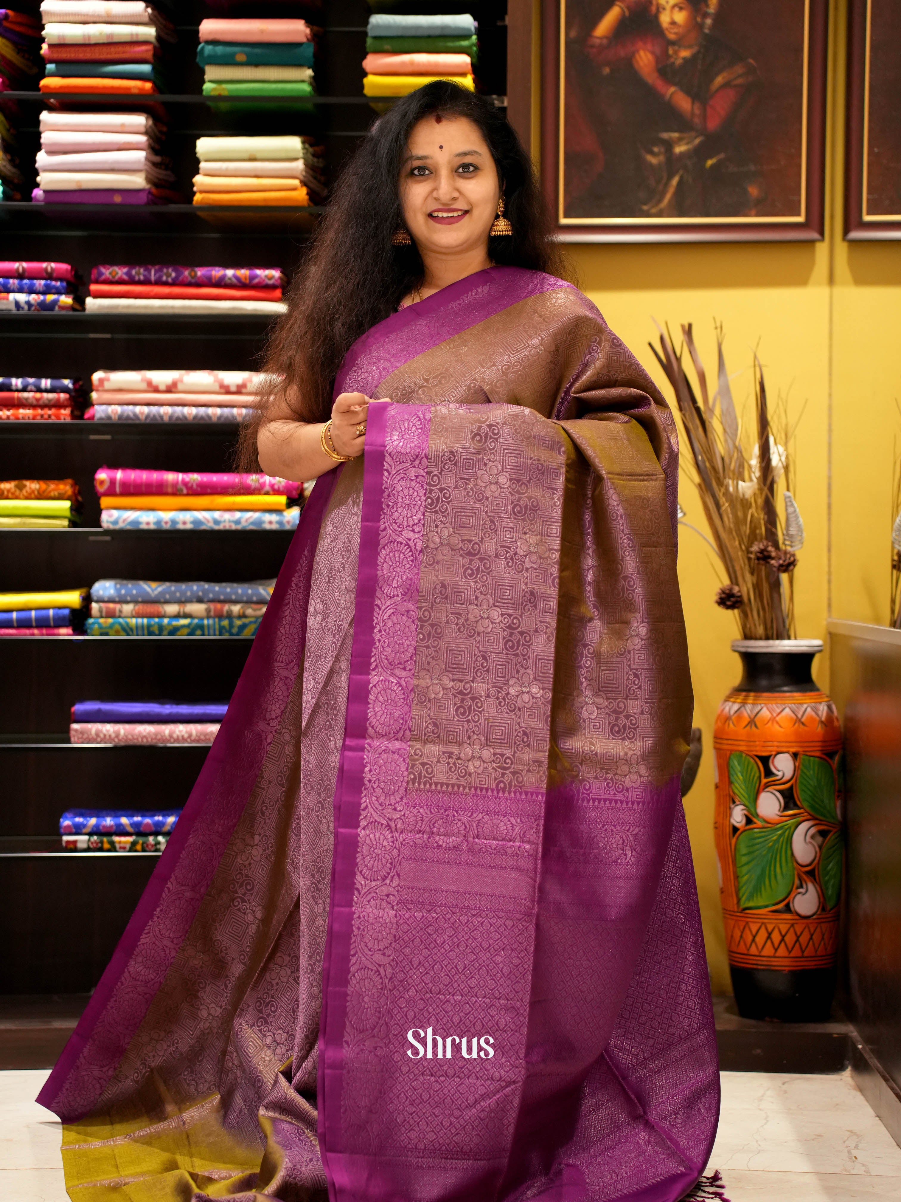 Mehandi Green & Purple - Soft Silk Saree - Shop on ShrusEternity.com