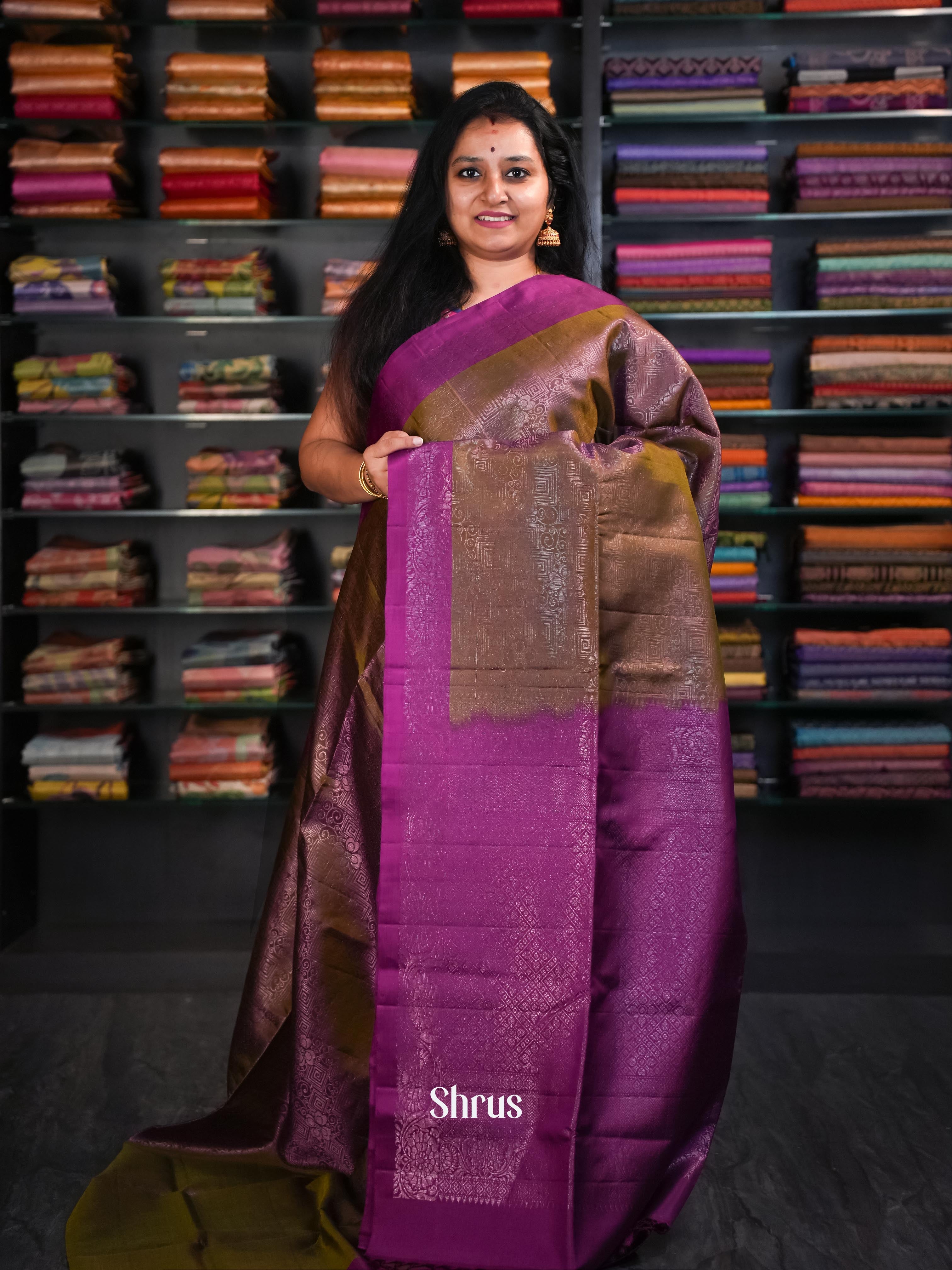 Mehandi Green & Purple - Soft Silk Saree - Shop on ShrusEternity.com