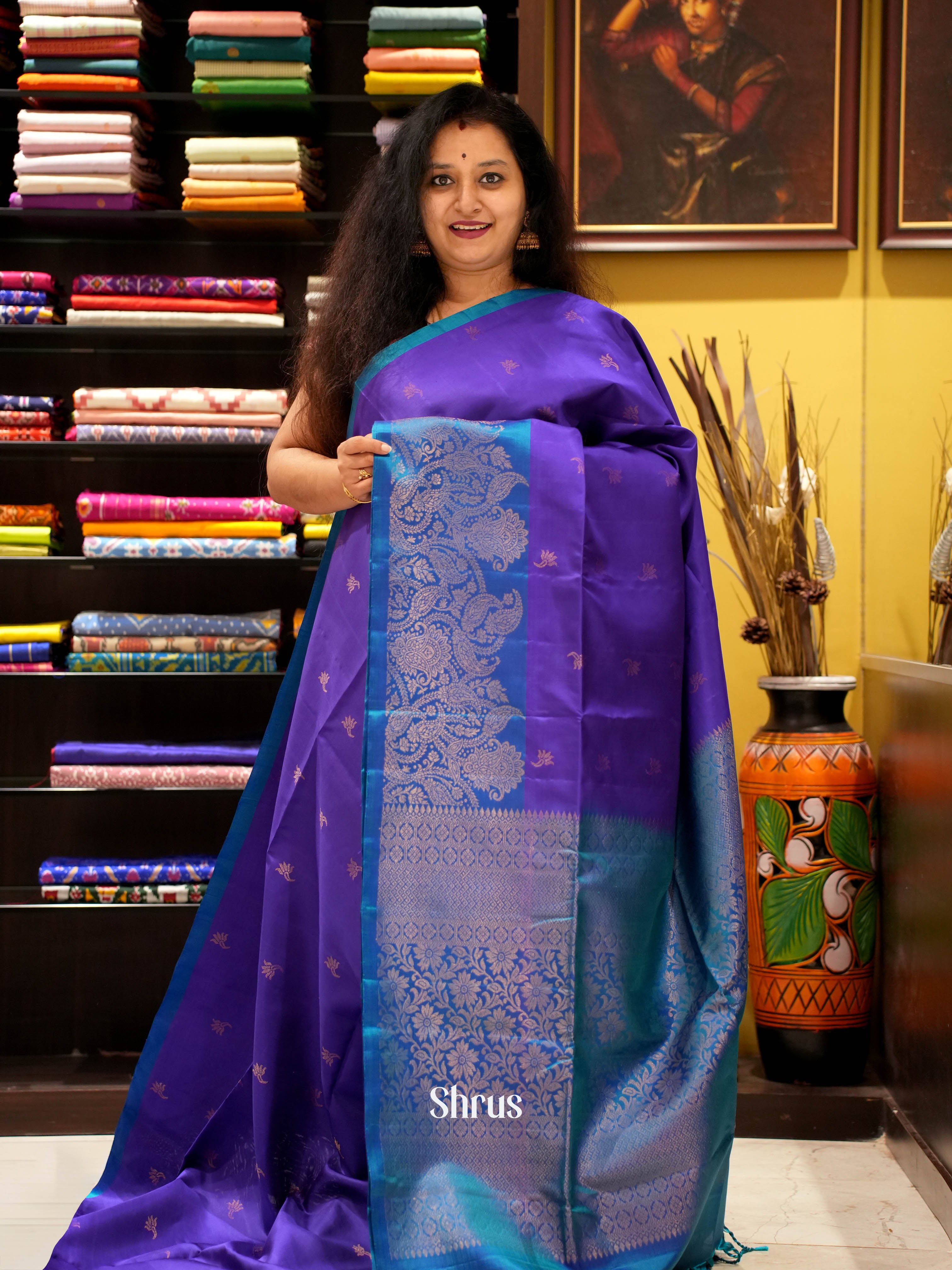 Purple & Blue - Soft Silk Saree - Shop on ShrusEternity.com