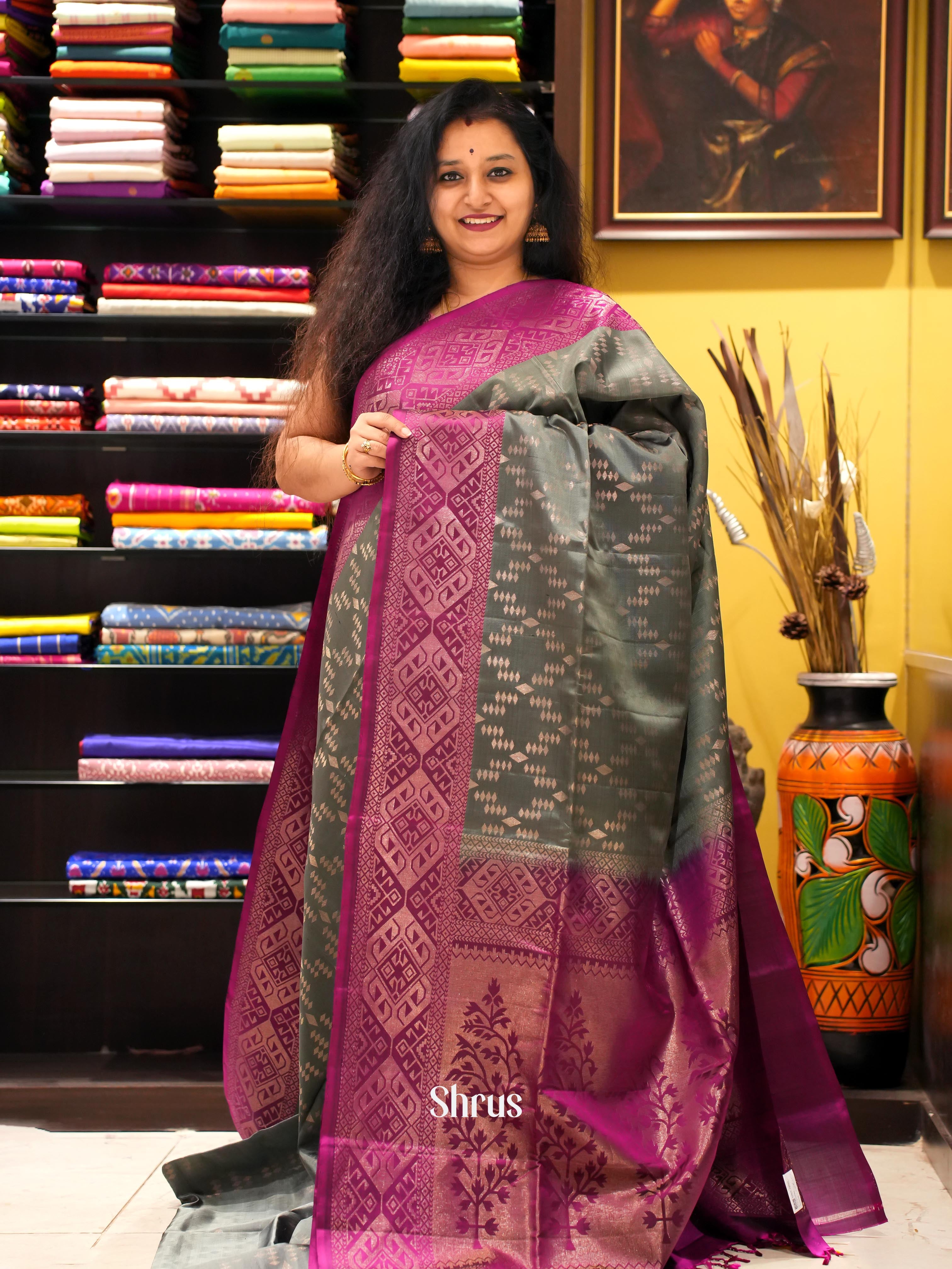 Grey & Purple - Soft Silk Saree - Shop on ShrusEternity.com