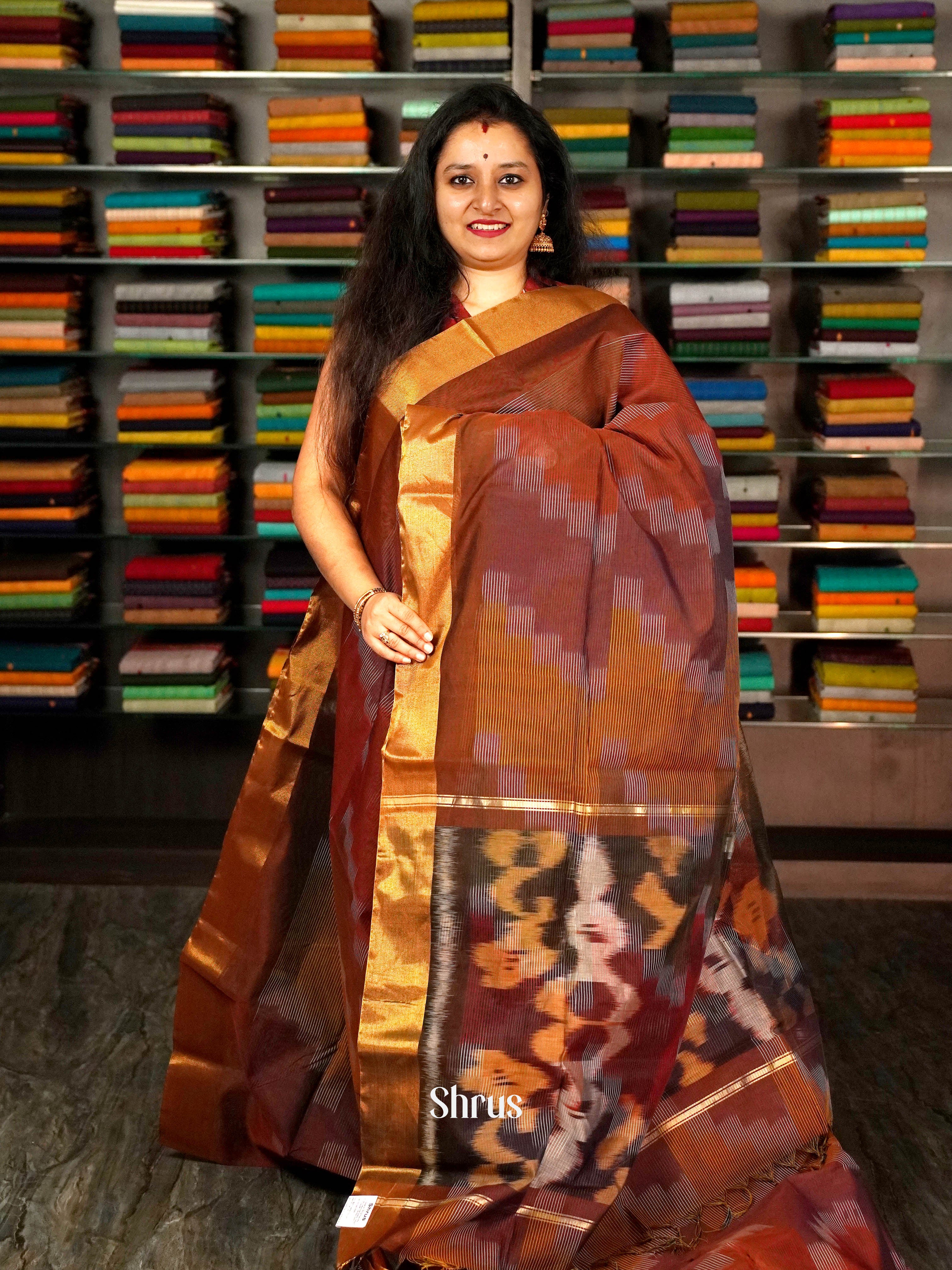 Brown - Ikkat Kora Saree - Shop on ShrusEternity.com