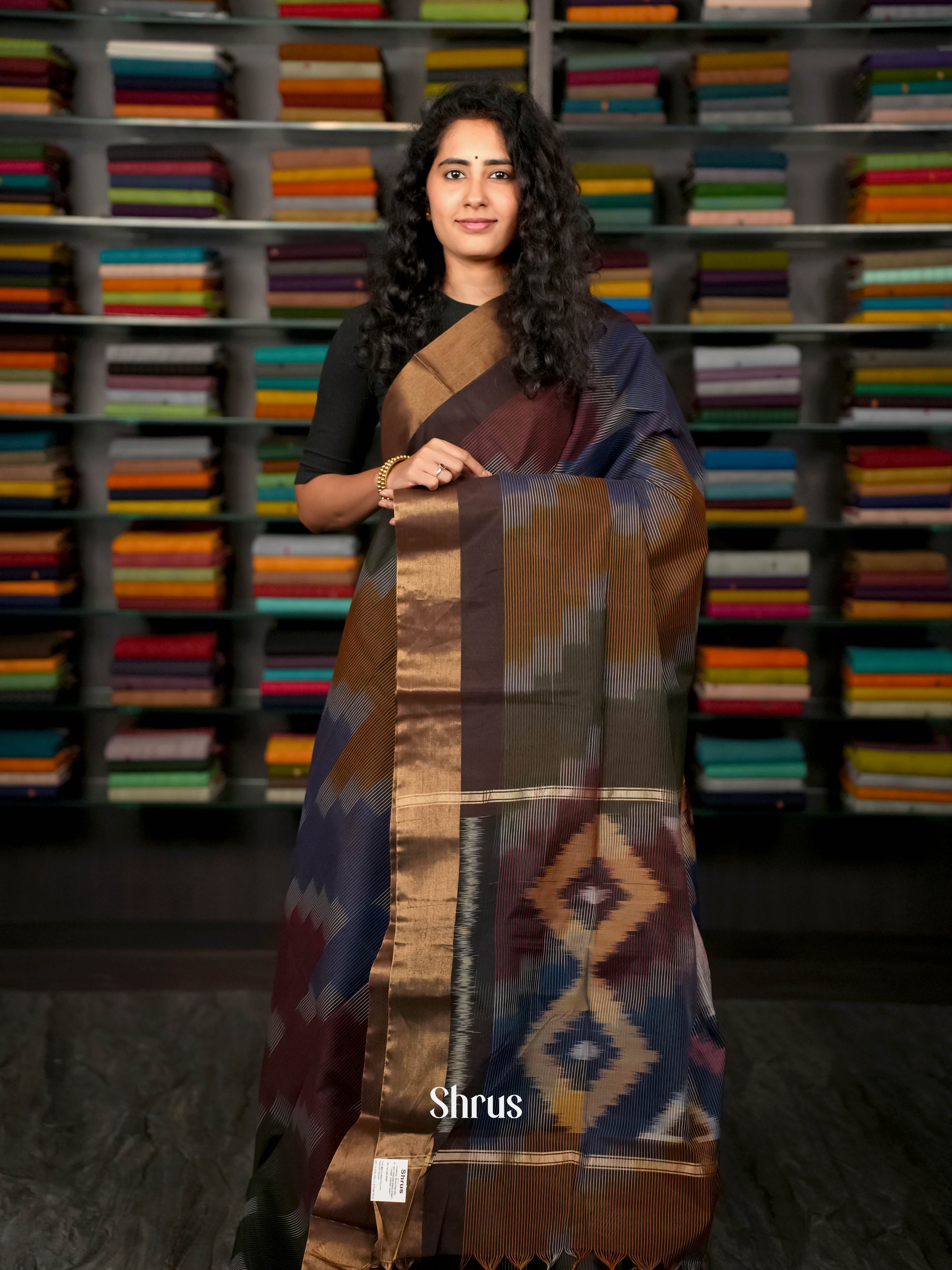 Brown & Blue - Ikkat Kora Saree - Shop on ShrusEternity.com
