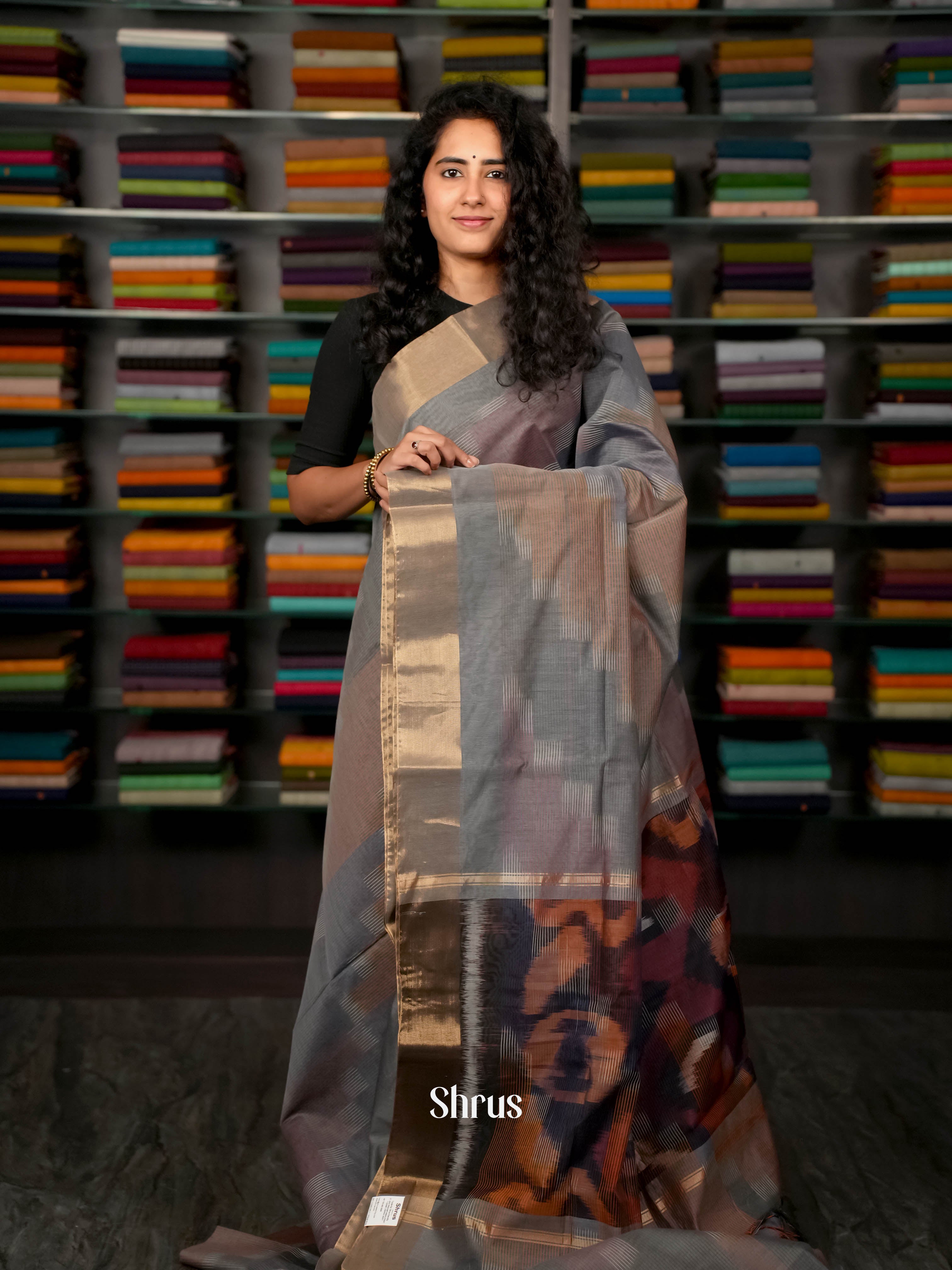 Grey - Ikkat Kora Saree - Shop on ShrusEternity.com