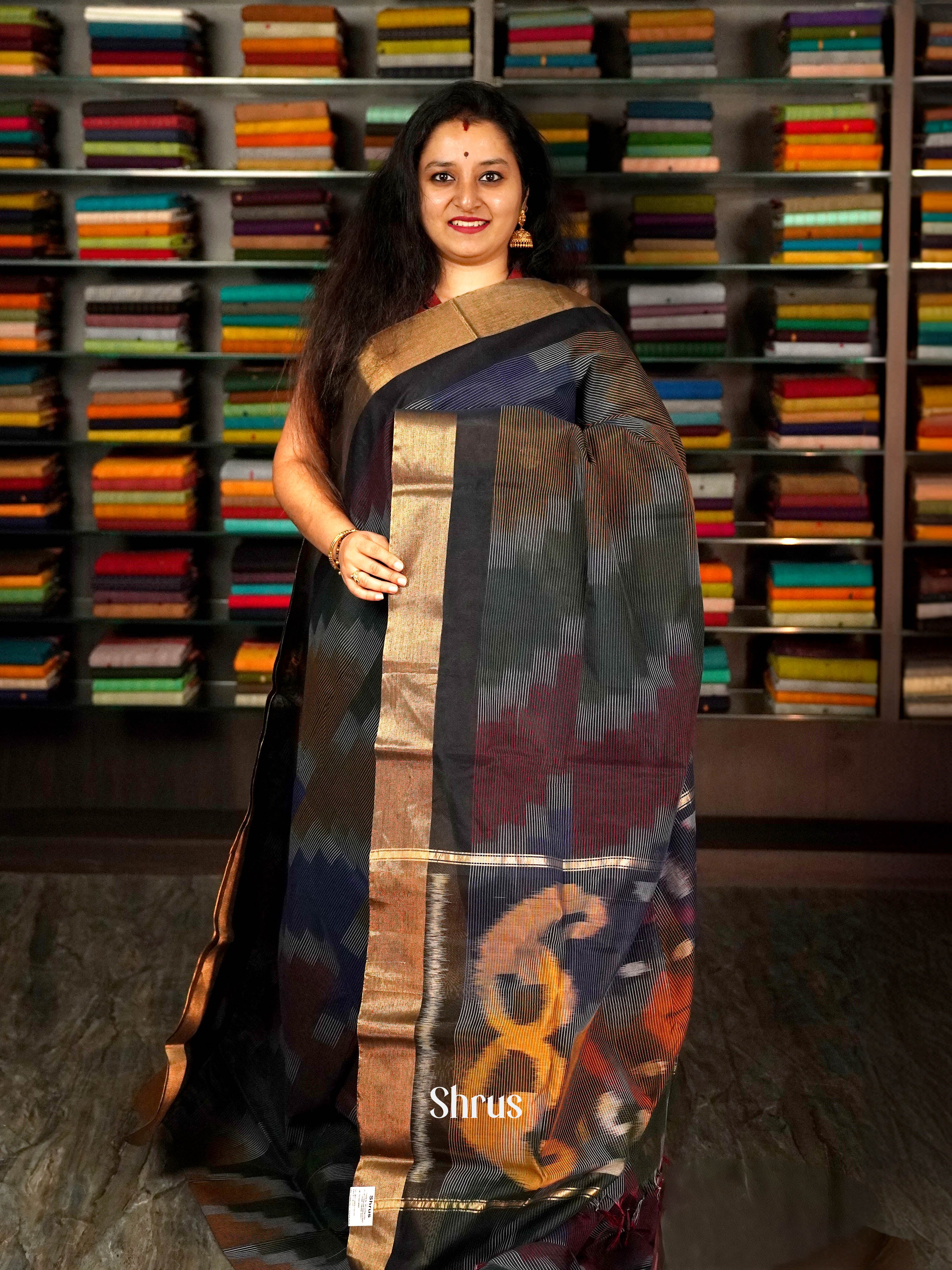Blue & Brown- Ikkat Kora Saree - Shop on ShrusEternity.com