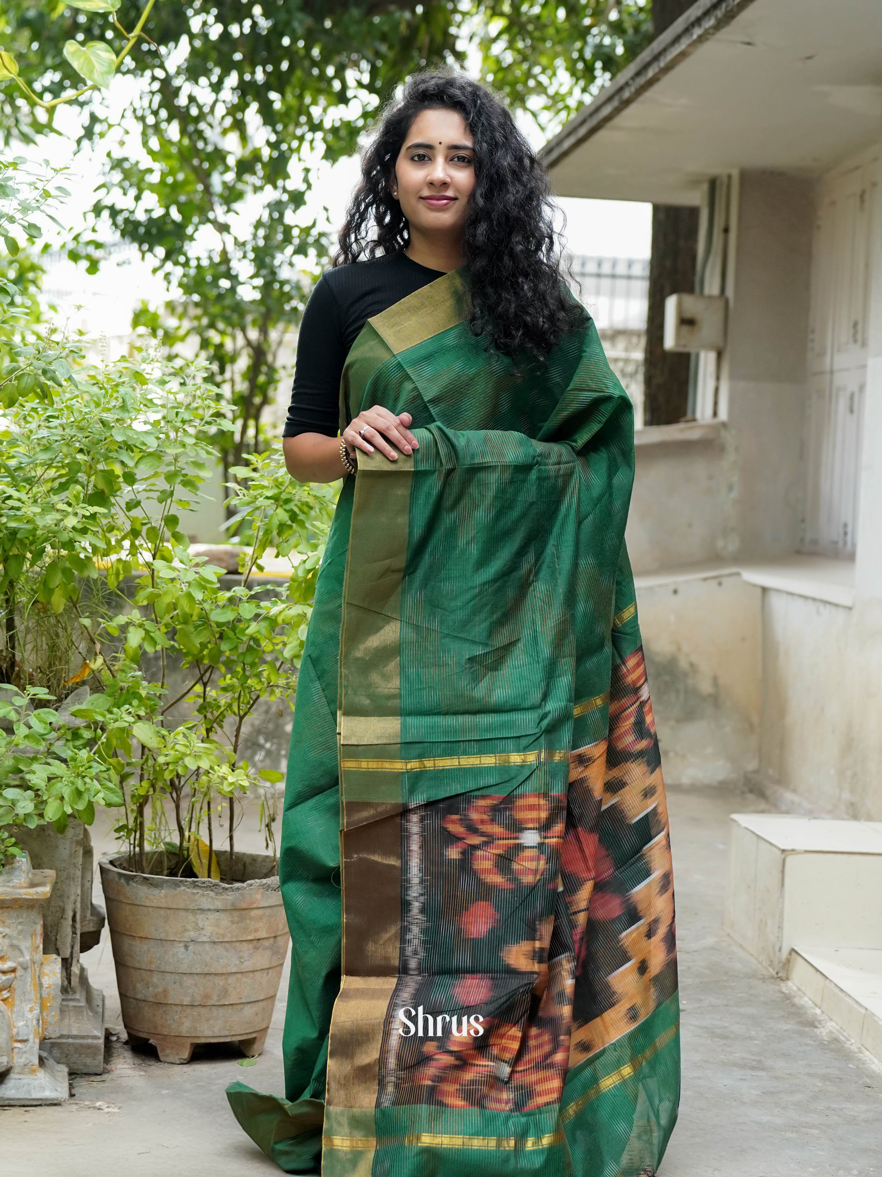 Green - Ikkat Kora Saree - Shop on ShrusEternity.com