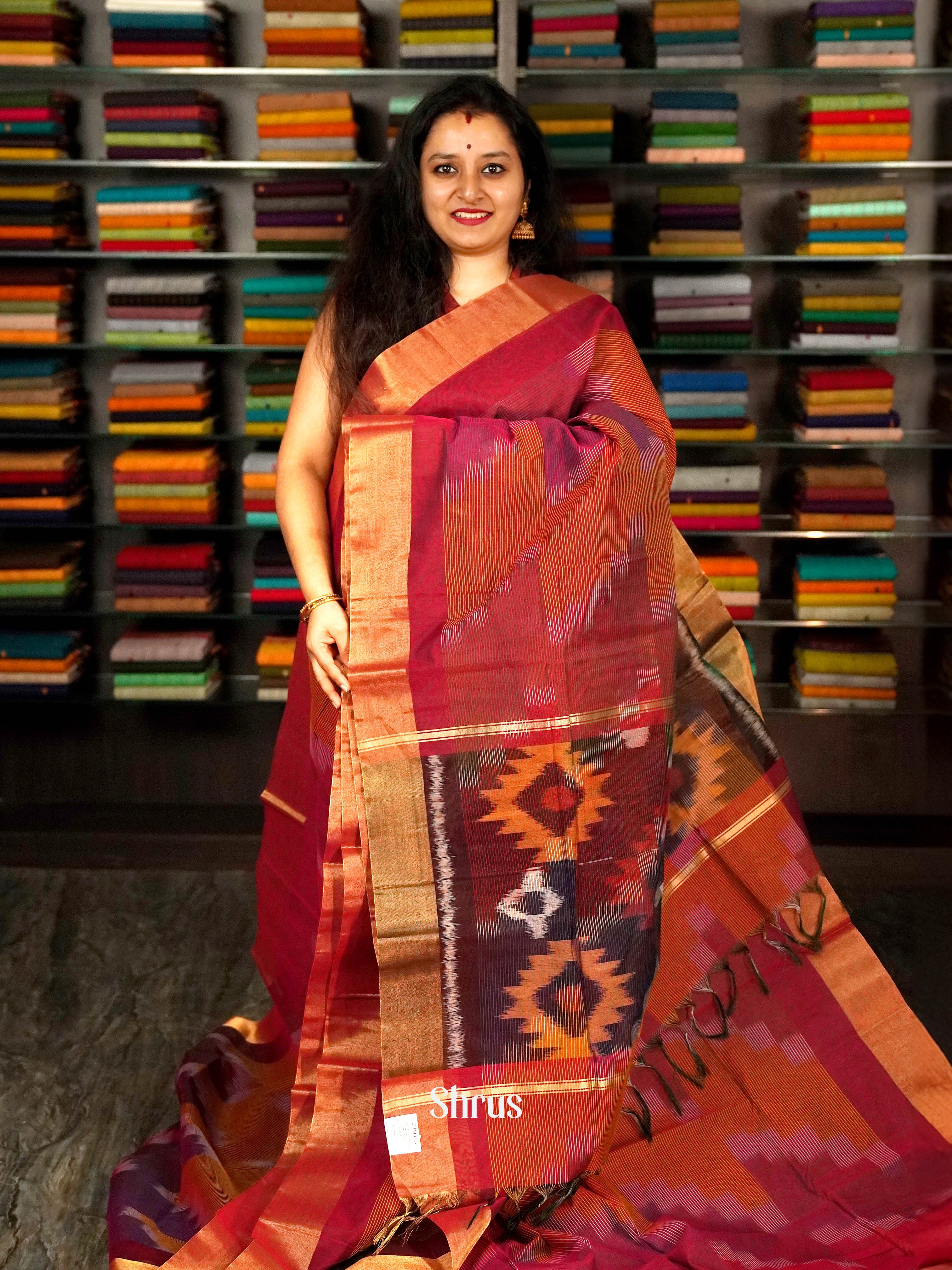 Red - Ikkat Kora Saree - Shop on ShrusEternity.com
