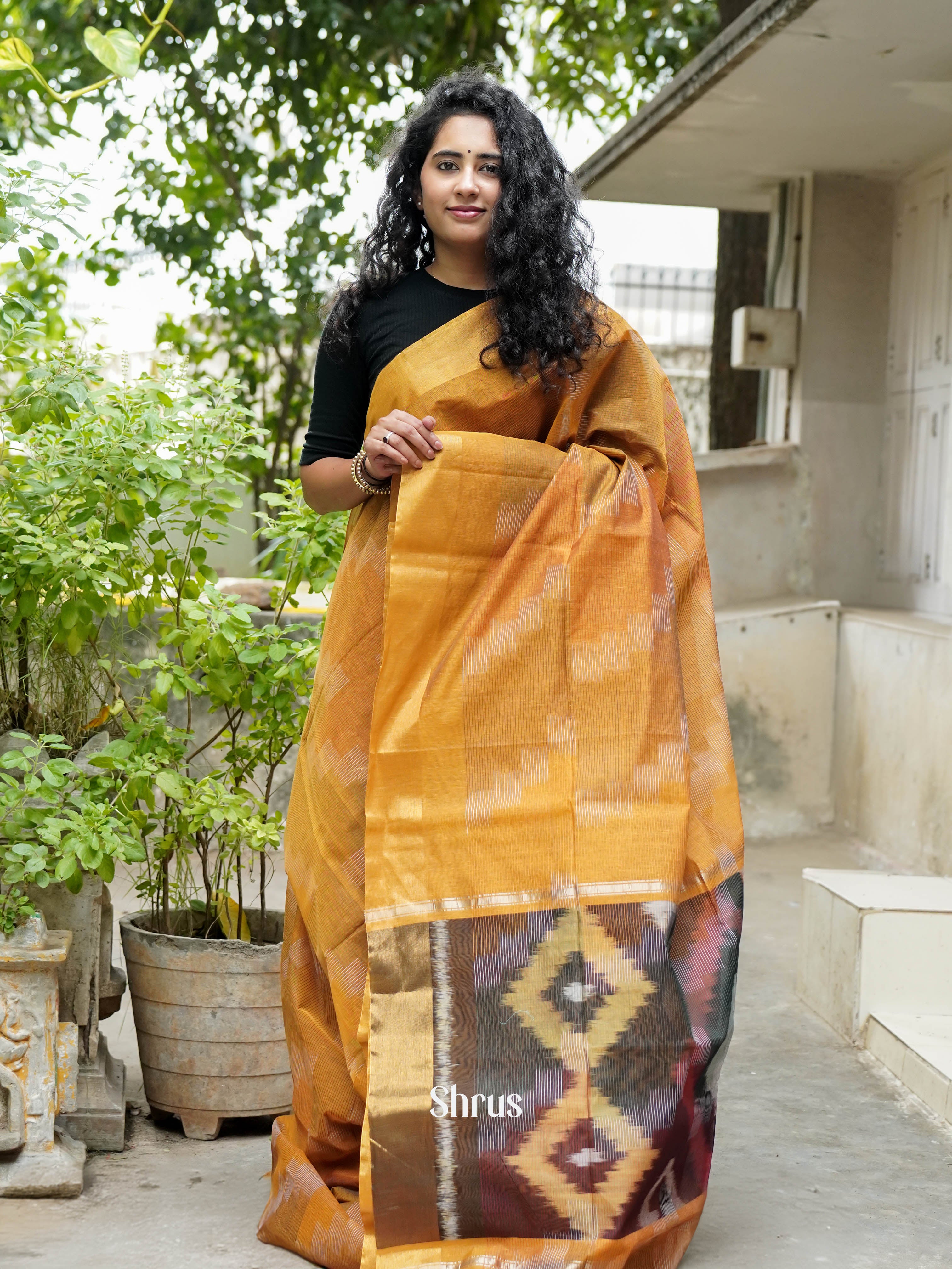 Mustard Yellow - Ikkat Kora Saree - Shop on ShrusEternity.com