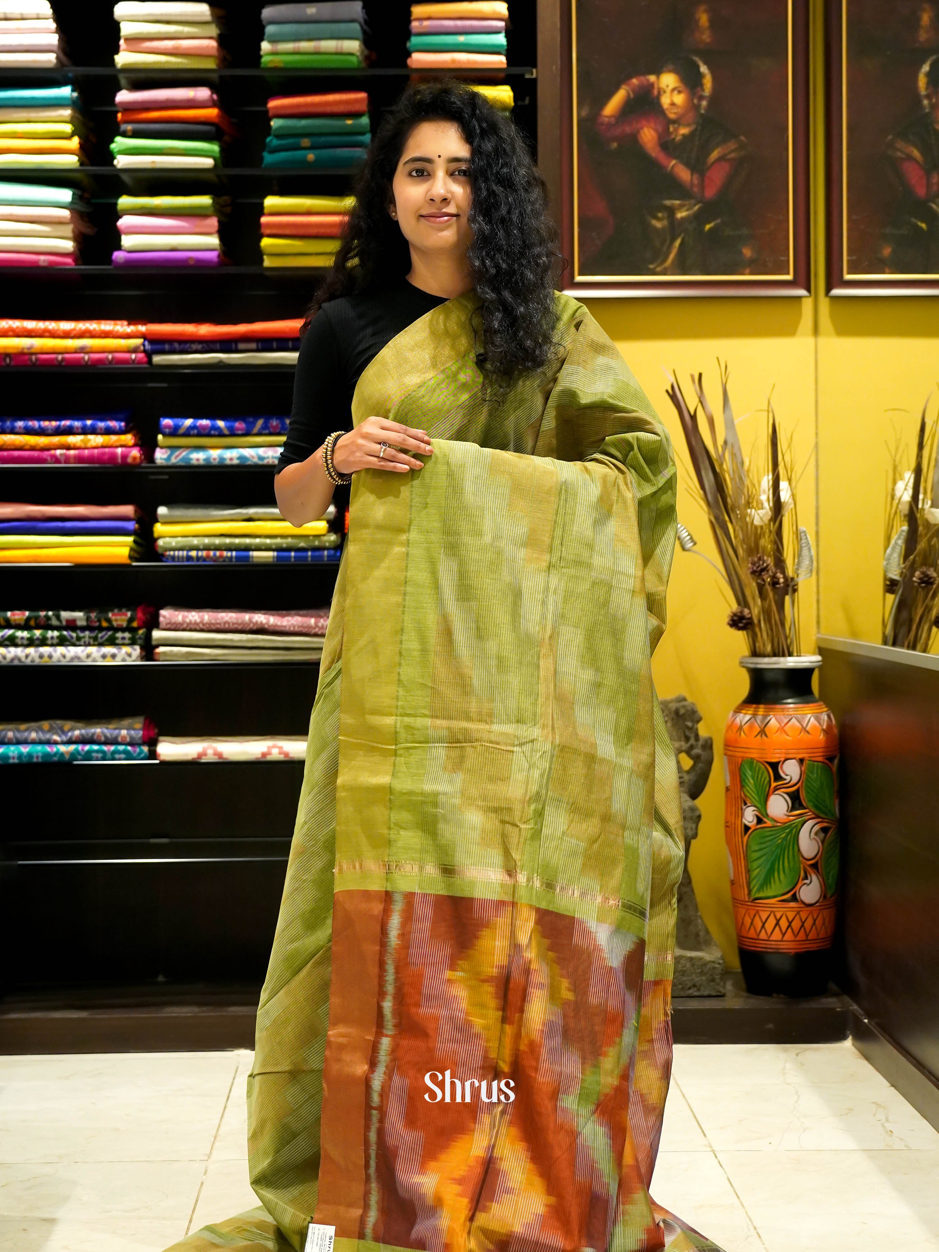 Yellow With Green - Ikkat Kora Saree - Shop on ShrusEternity.com