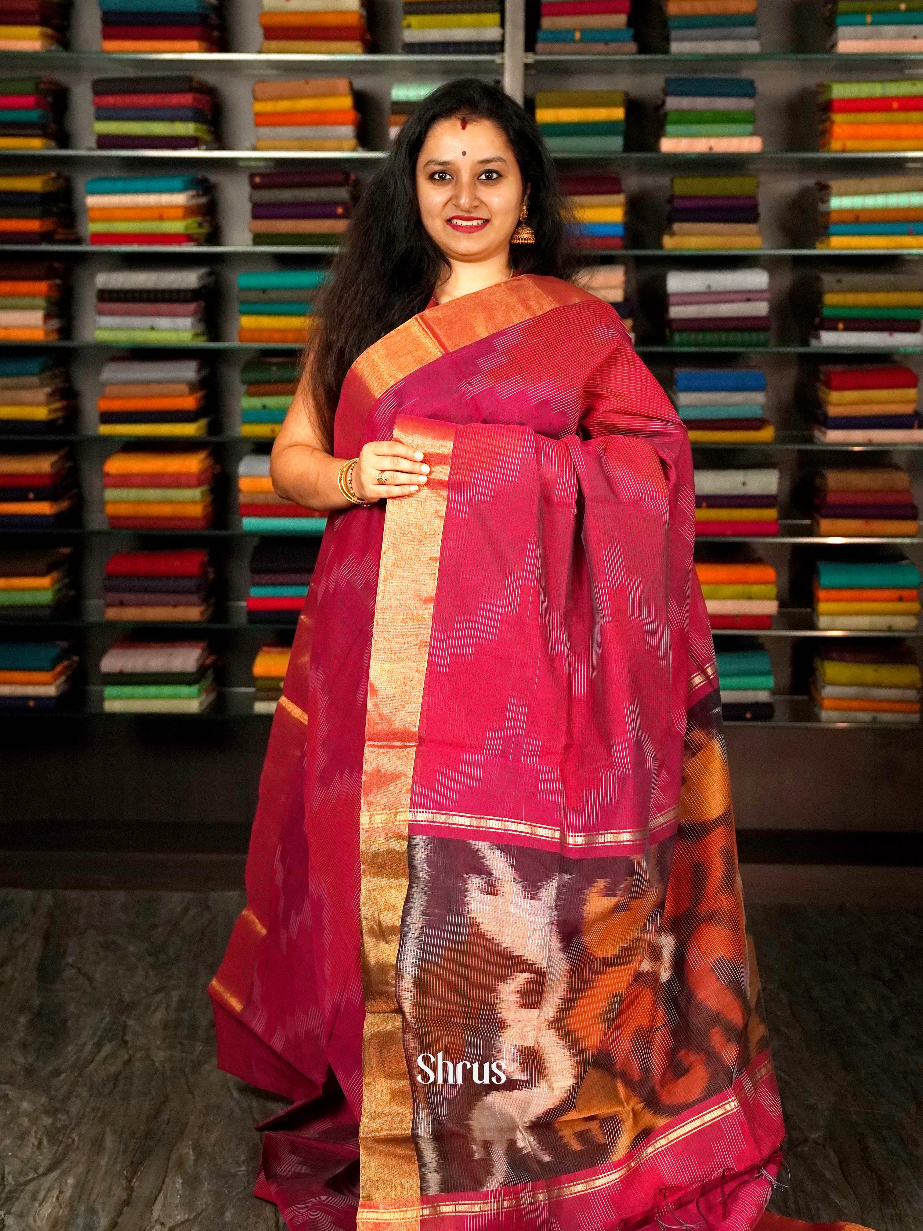 Reddish Pink & Maroon - Ikkat Kora Saree - Shop on ShrusEternity.com