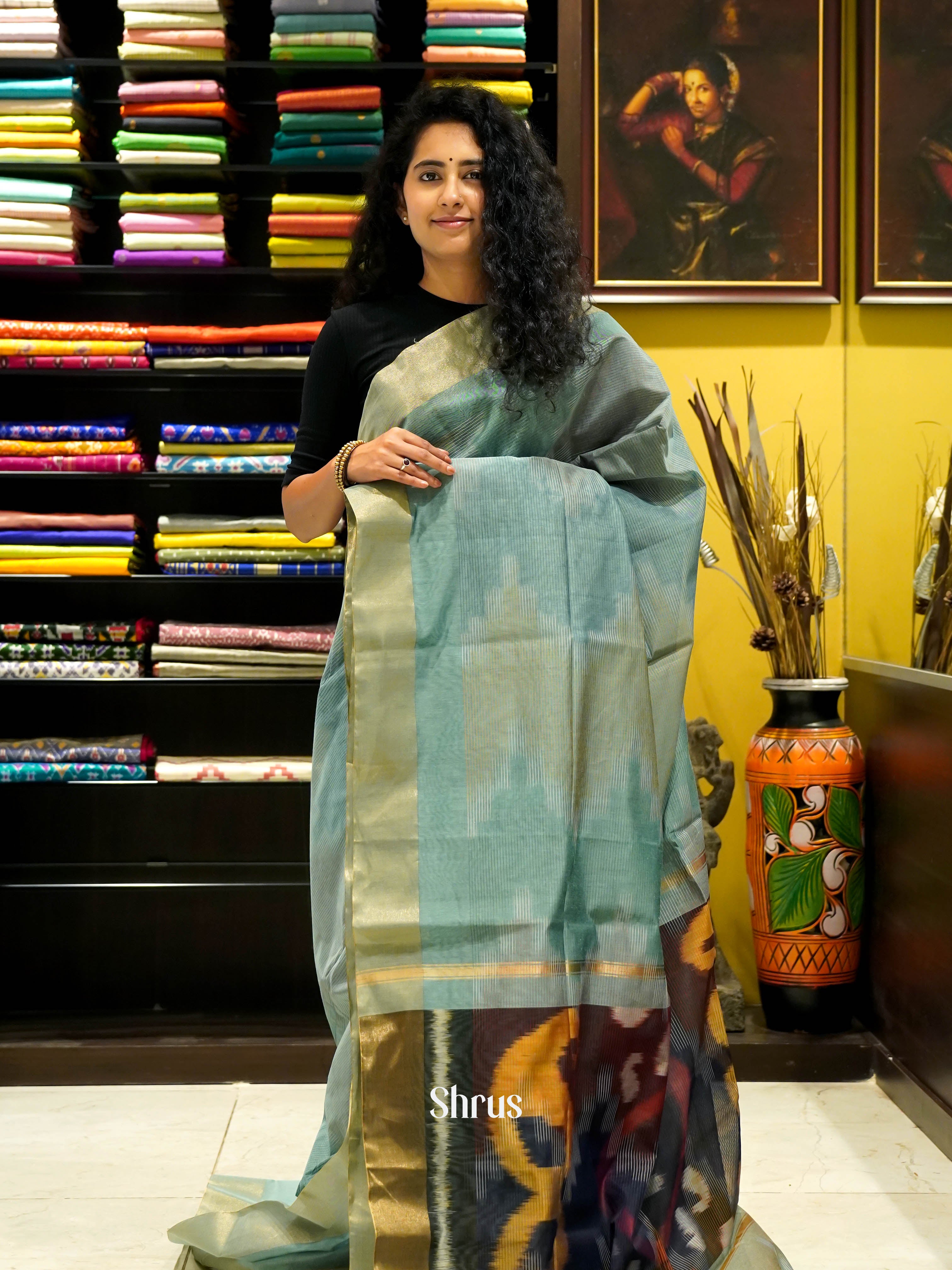 Cadet Blue - Ikkat Kora Saree - Shop on ShrusEternity.com