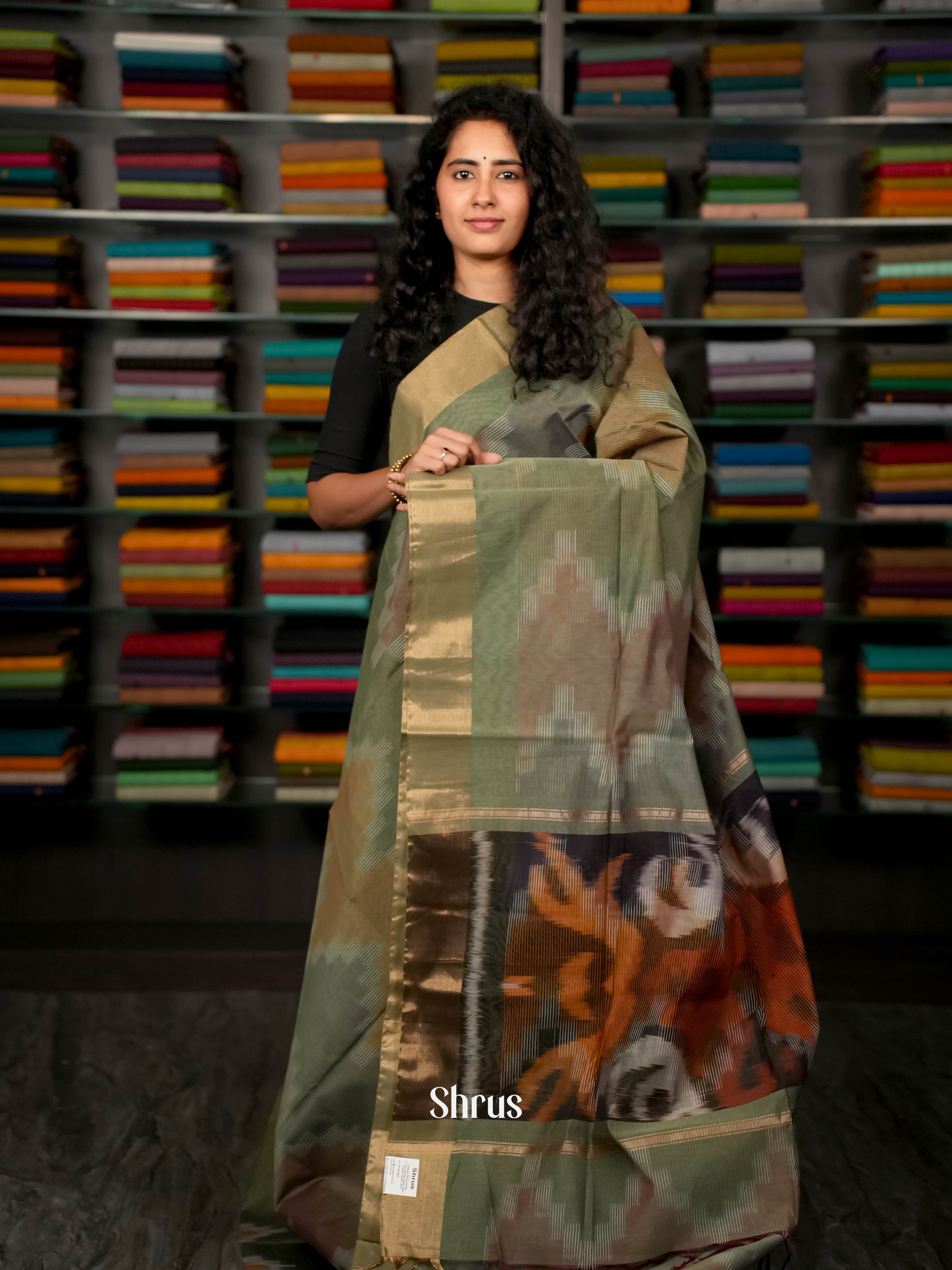 Greenish Grey - Ikkat Kora Saree - Shop on ShrusEternity.com