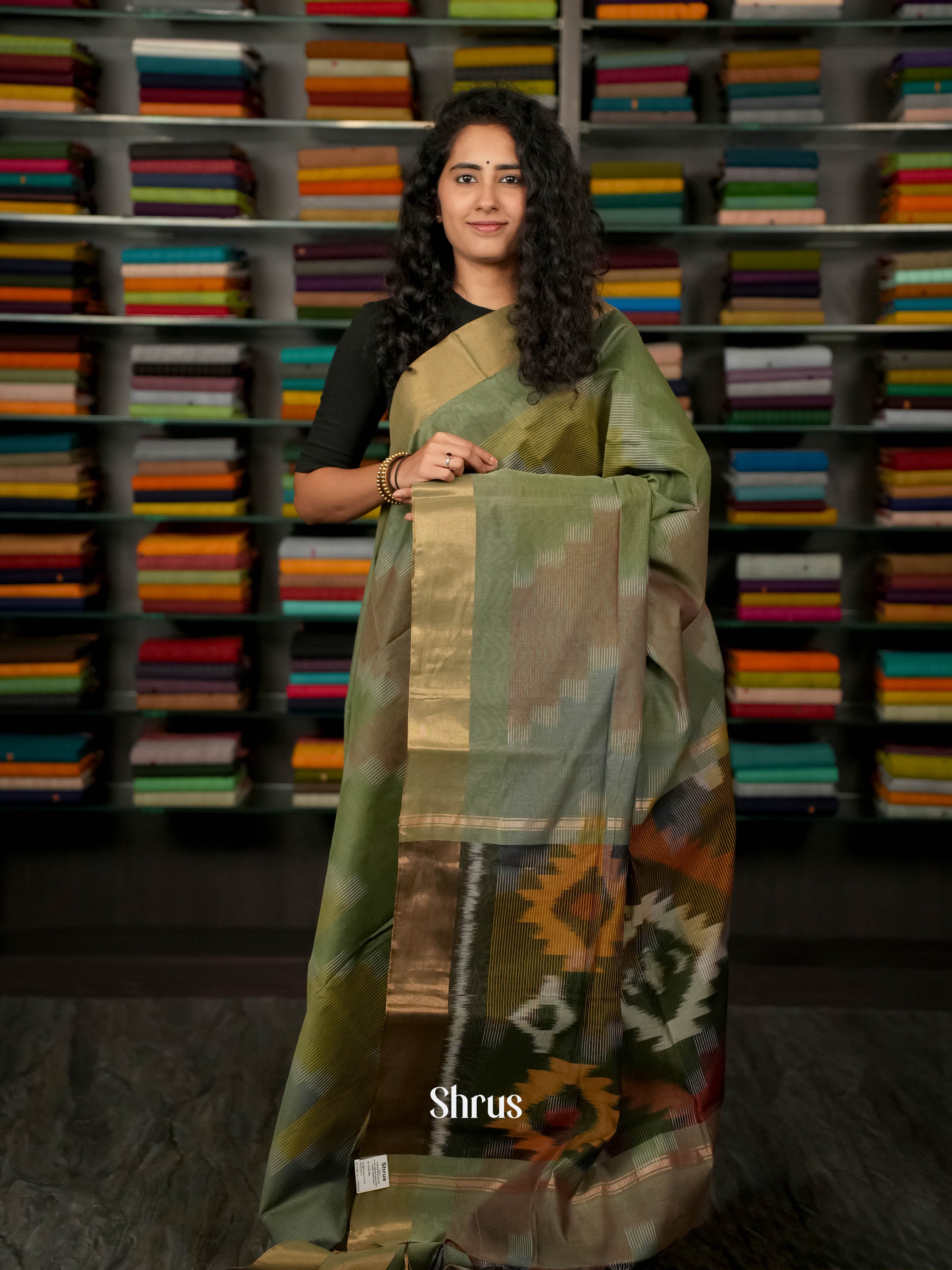 Greenish Grey - Ikkat Kora Saree - Shop on ShrusEternity.com