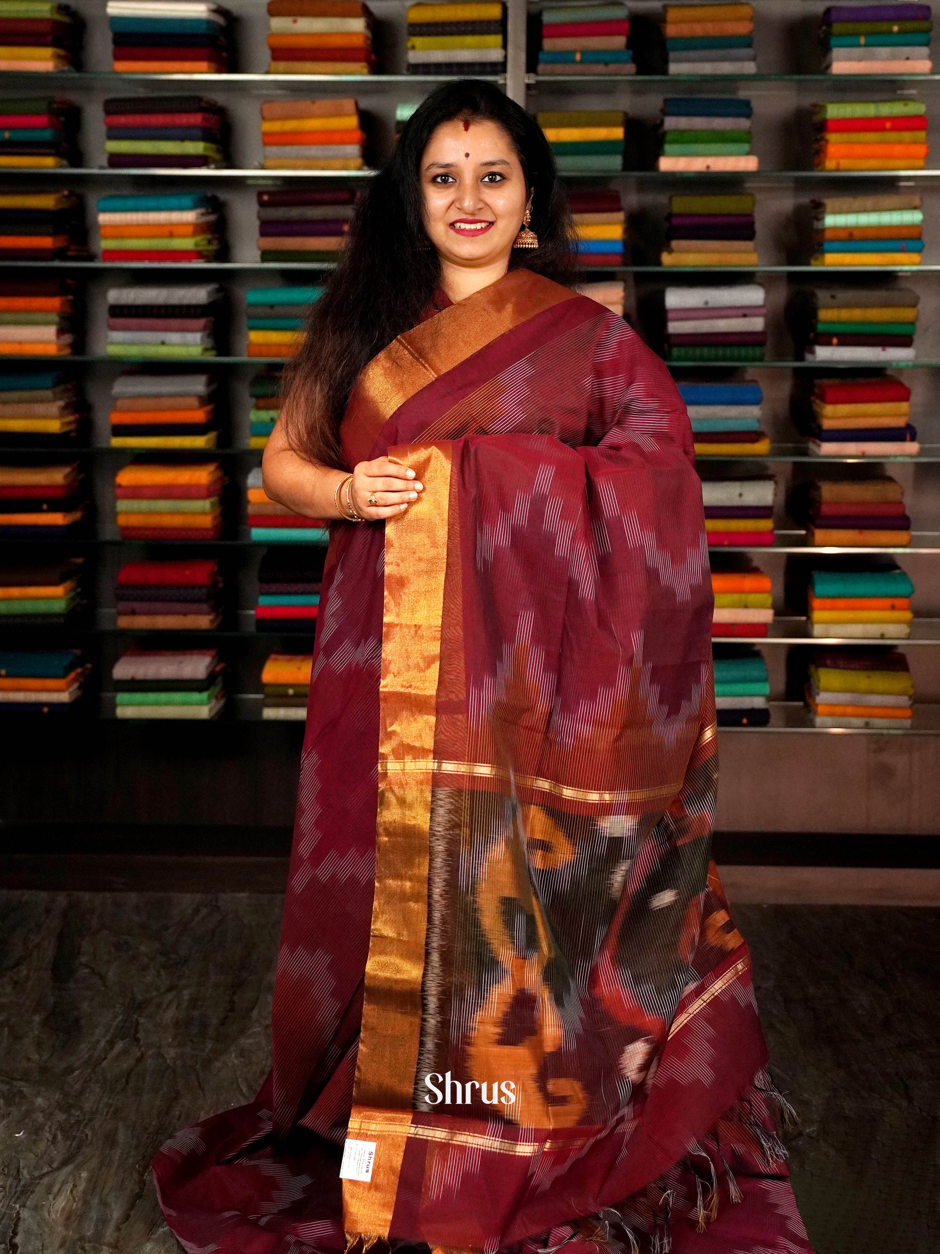 Maroon - Ikkat Kora Saree - Shop on ShrusEternity.com