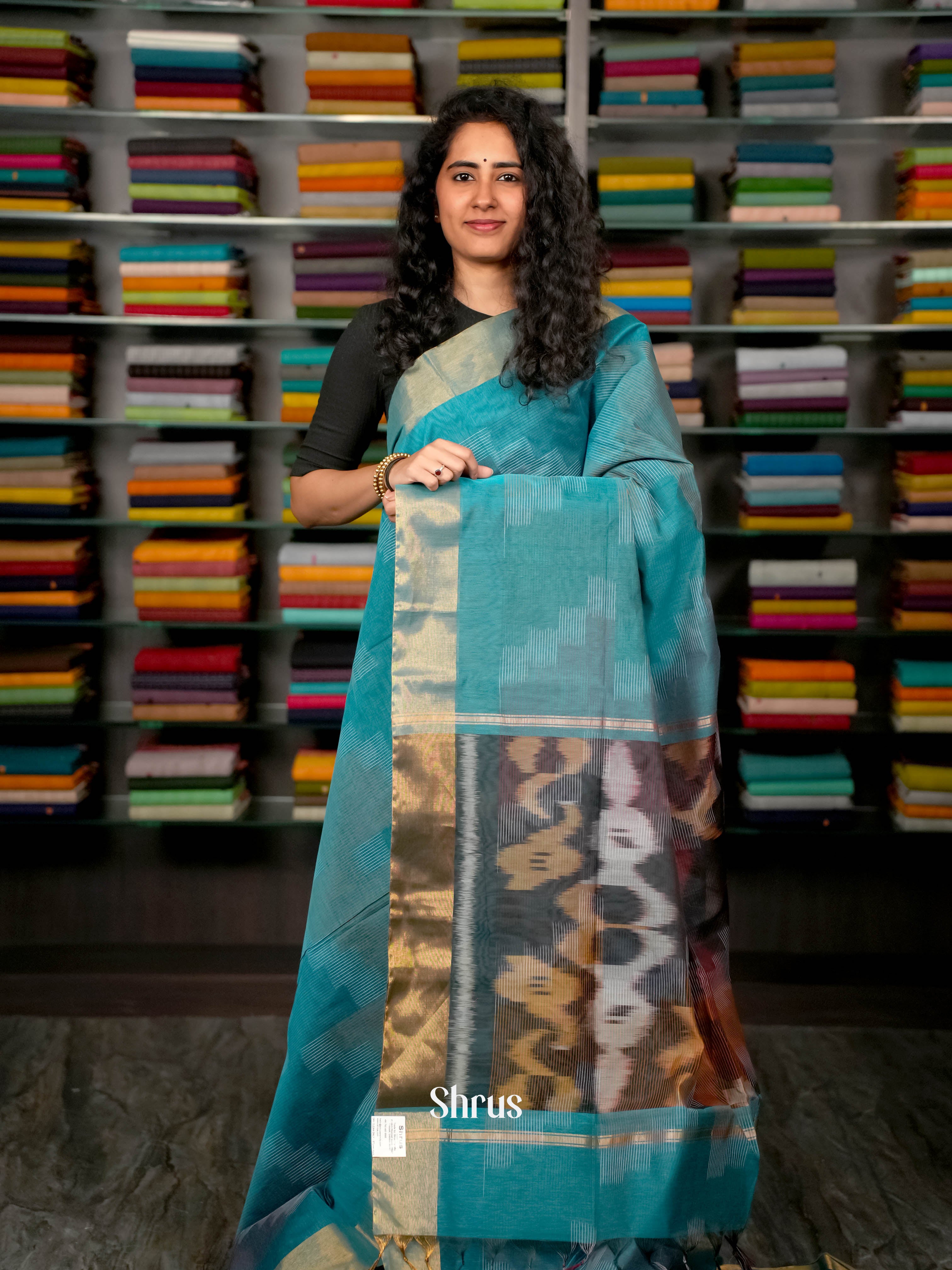 Blue - Ikkat Kora Saree - Shop on ShrusEternity.com