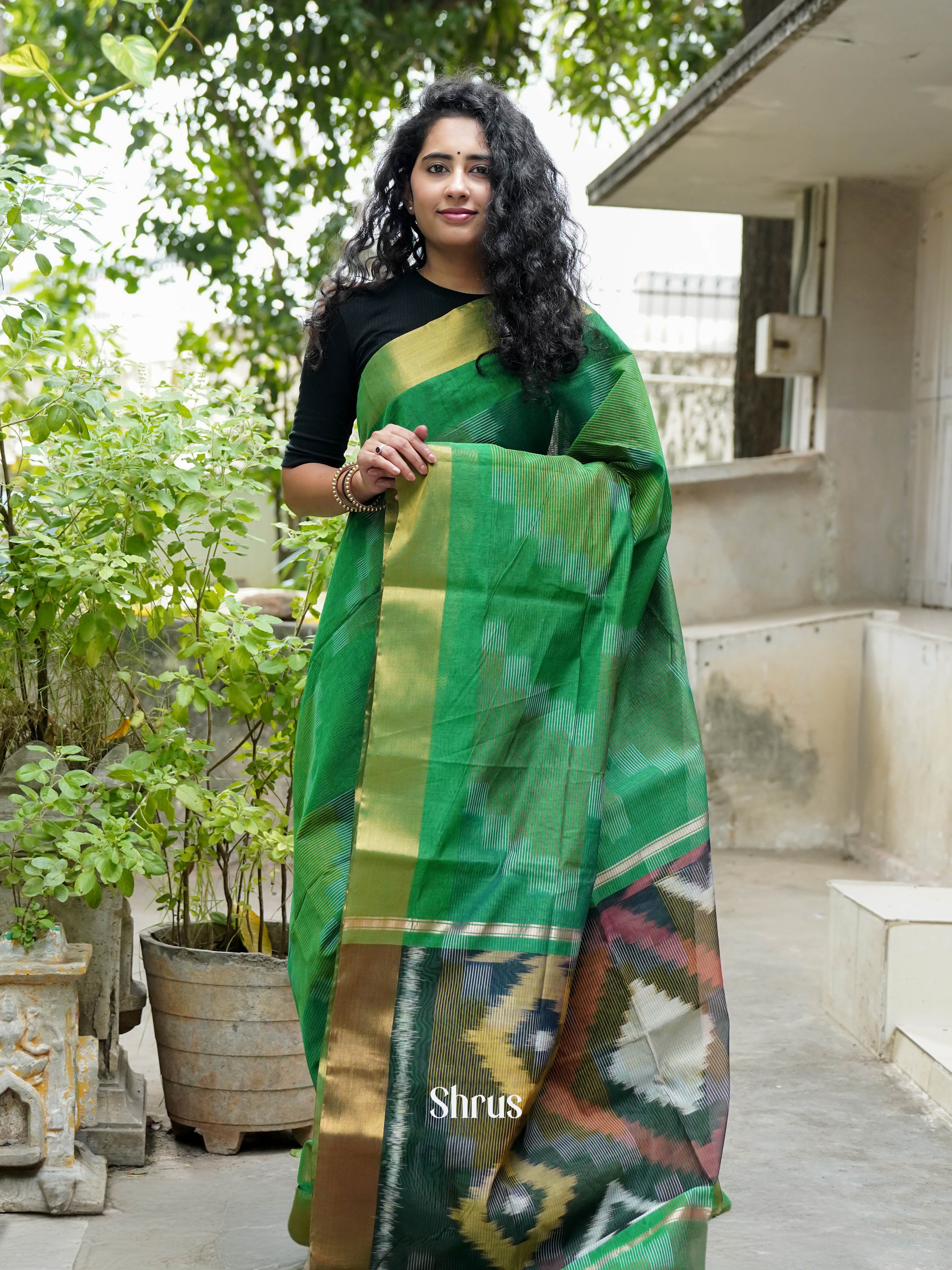 Green - Ikkat Kora Saree - Shop on ShrusEternity.com