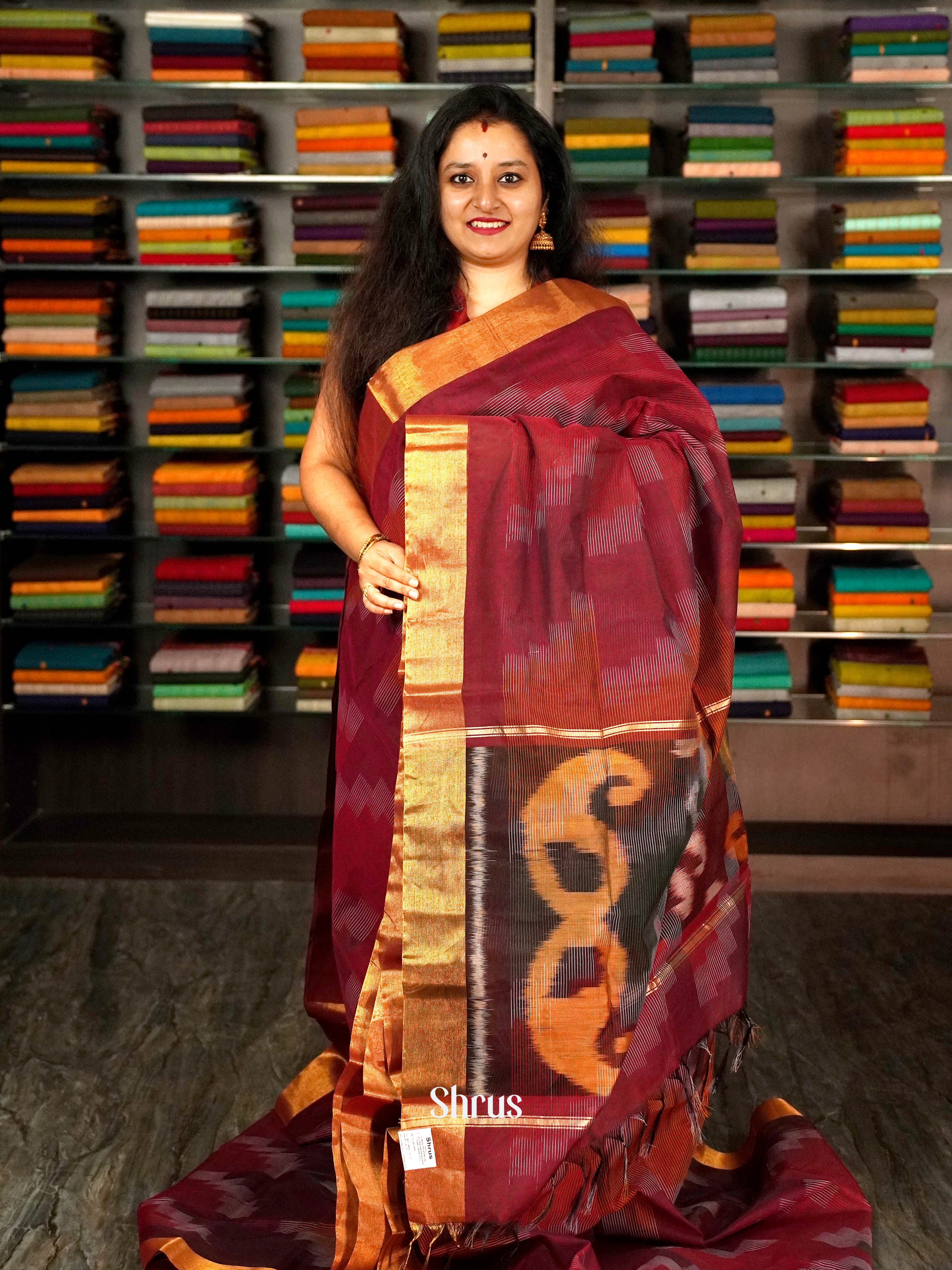 Maroon - Ikkat Kora Saree - Shop on ShrusEternity.com