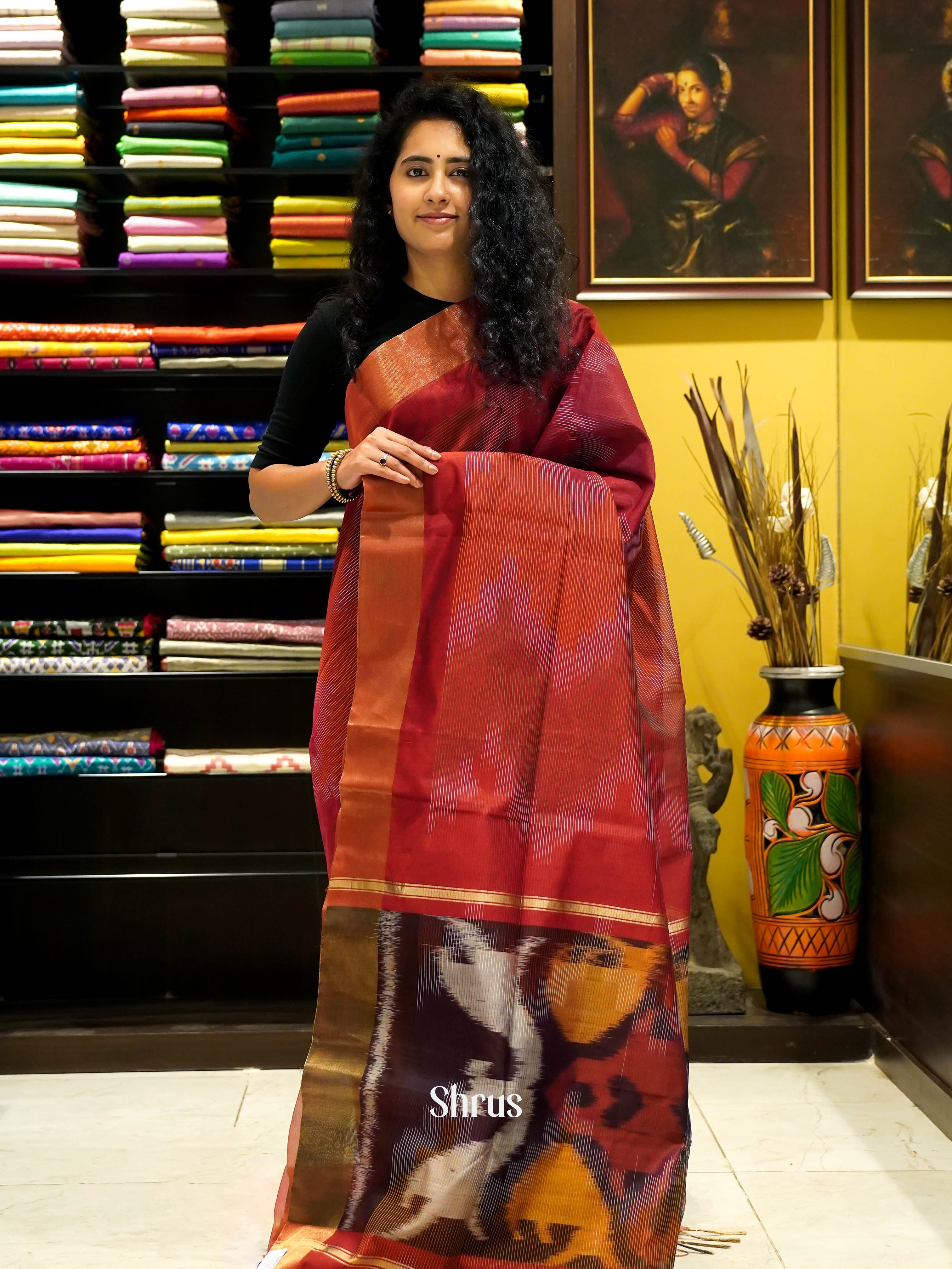 Red - Ikkat Kora Saree - Shop on ShrusEternity.com