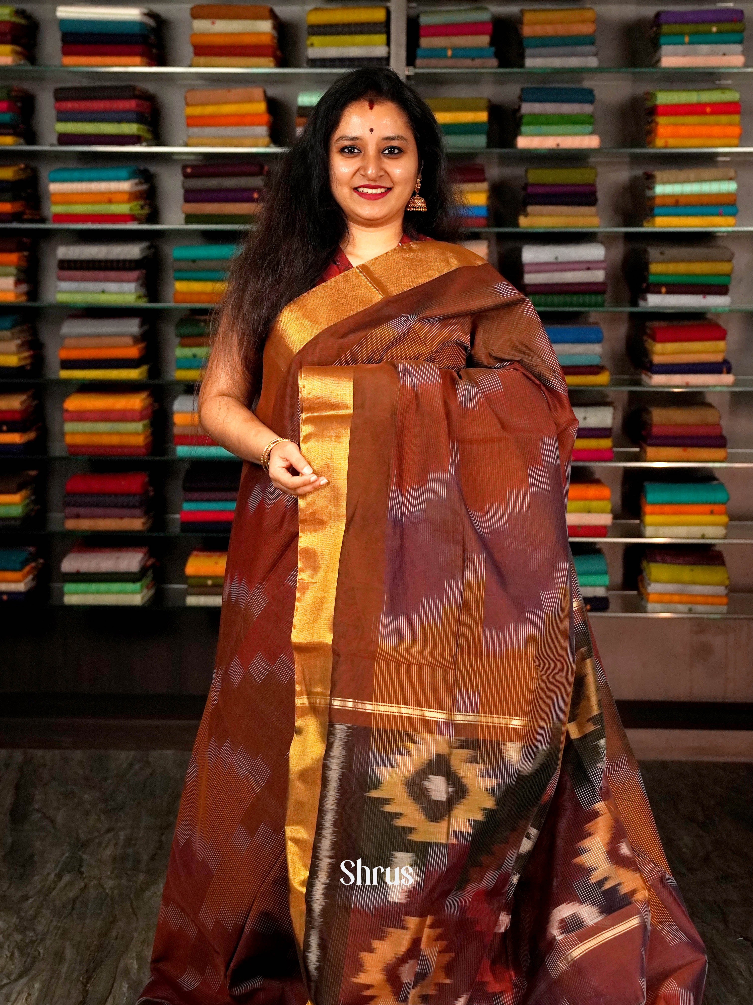 Brown - Ikkat Kora Saree - Shop on ShrusEternity.com