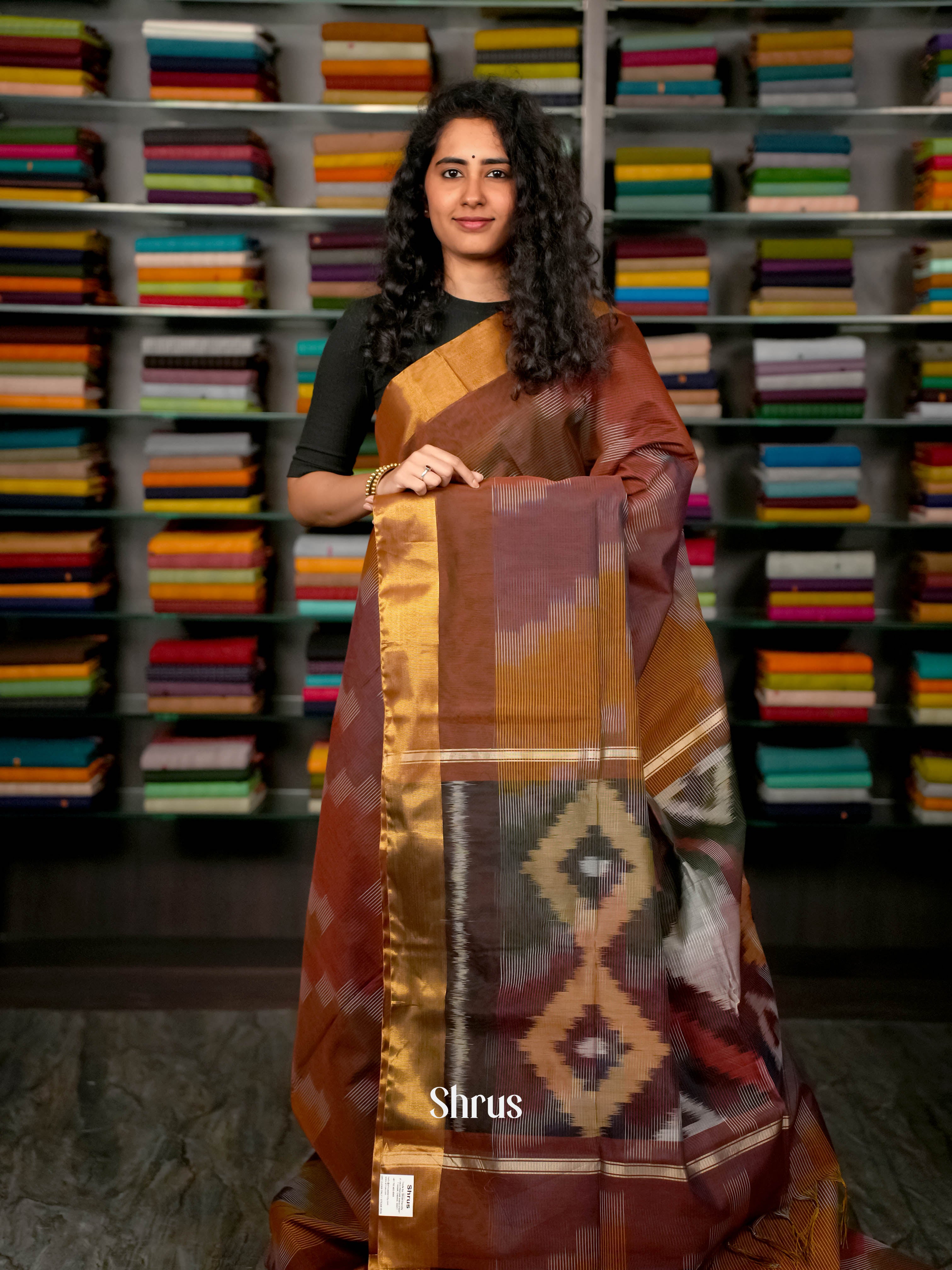 Brown - Ikkat Kora Saree - Shop on ShrusEternity.com
