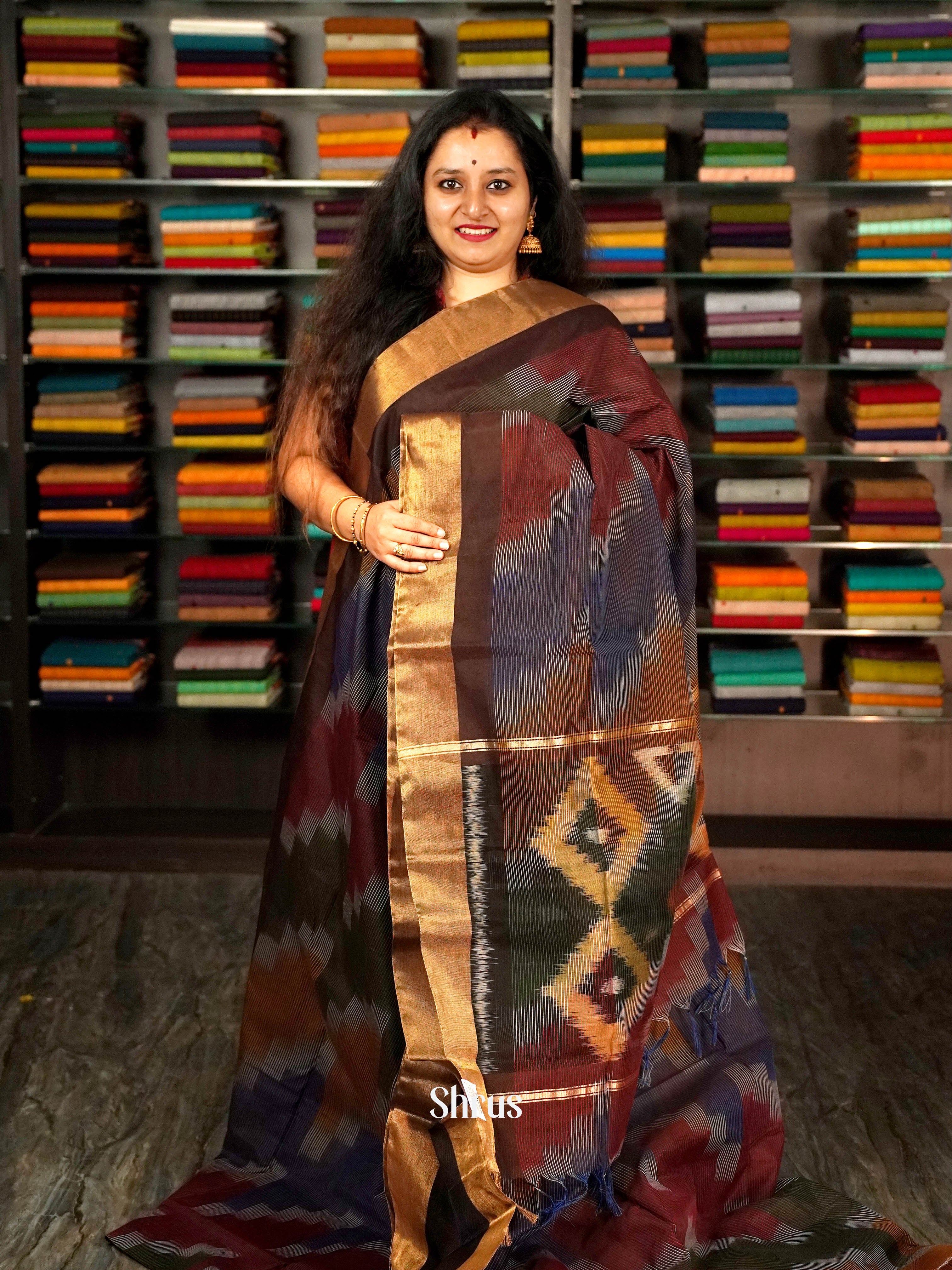 Brown & Violet - Ikkat Kora Saree - Shop on ShrusEternity.com