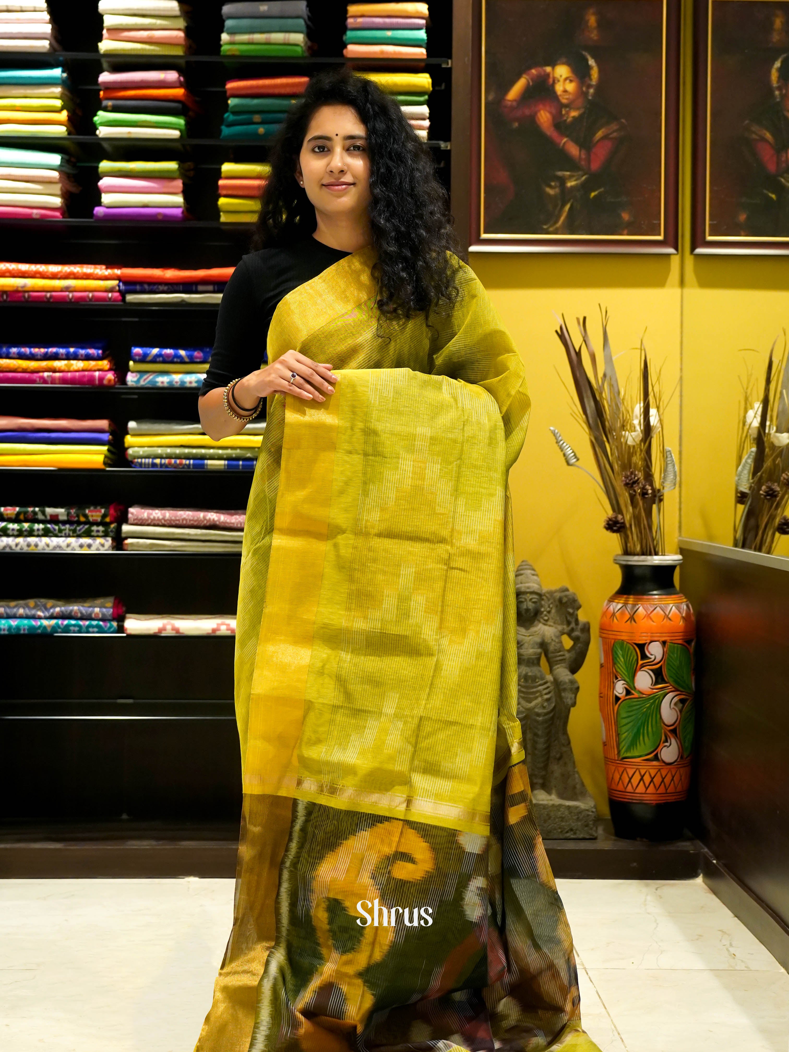 Greenish Yellow - Ikkat Kora Saree - Shop on ShrusEternity.com
