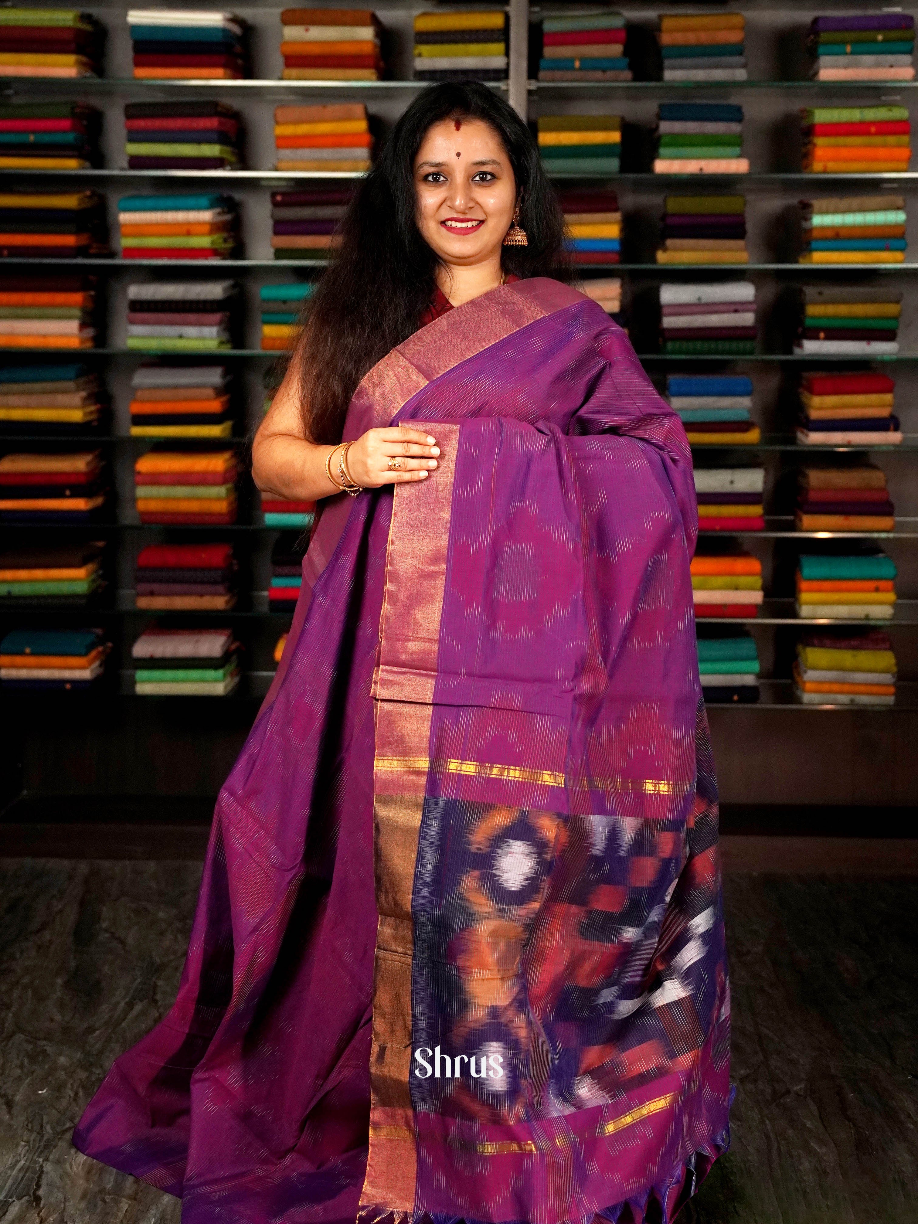 Purple & Violet- Ikkat Kora Saree - Shop on ShrusEternity.com