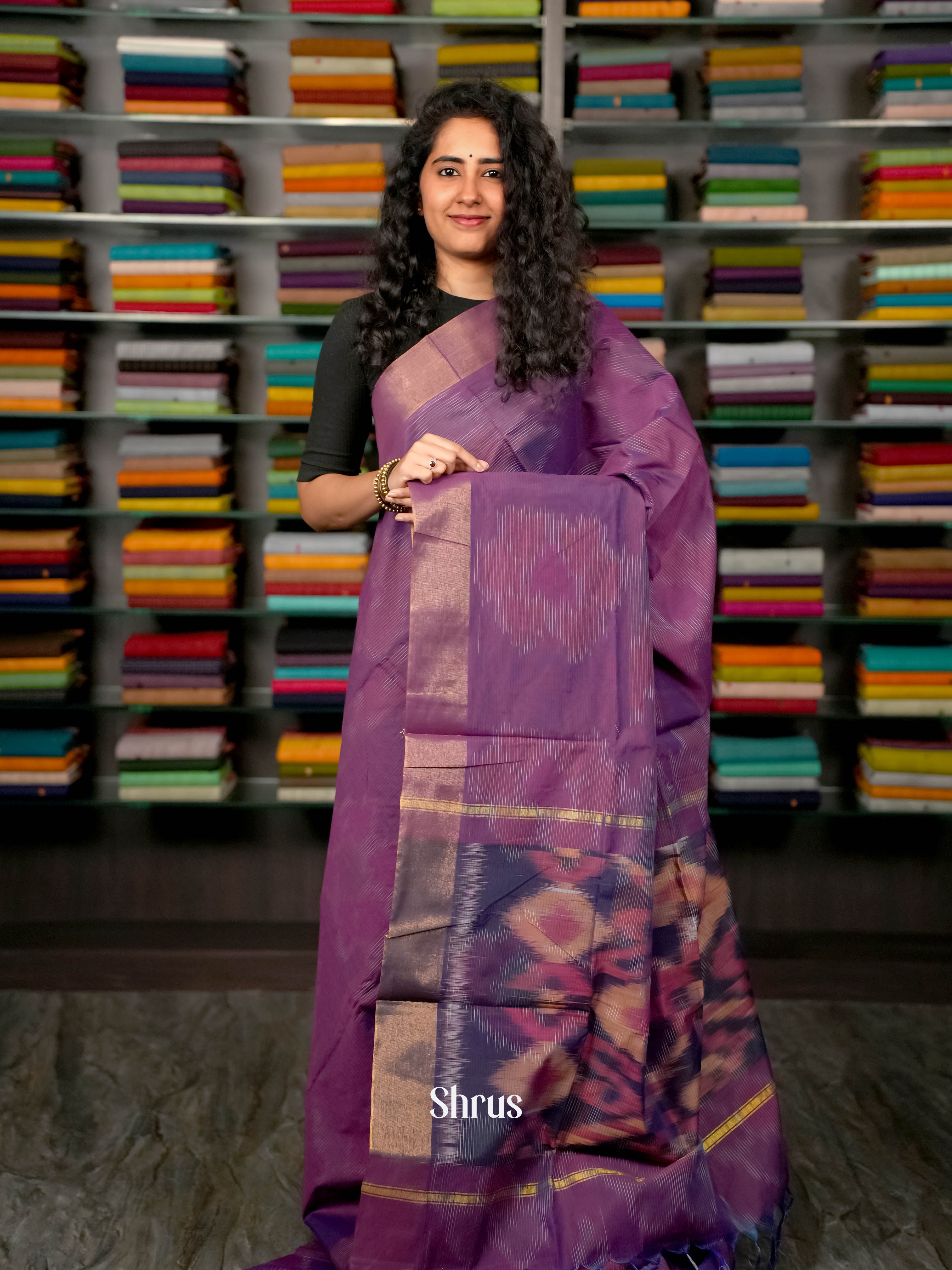 Purple - Ikkat Kora Saree - Shop on ShrusEternity.com