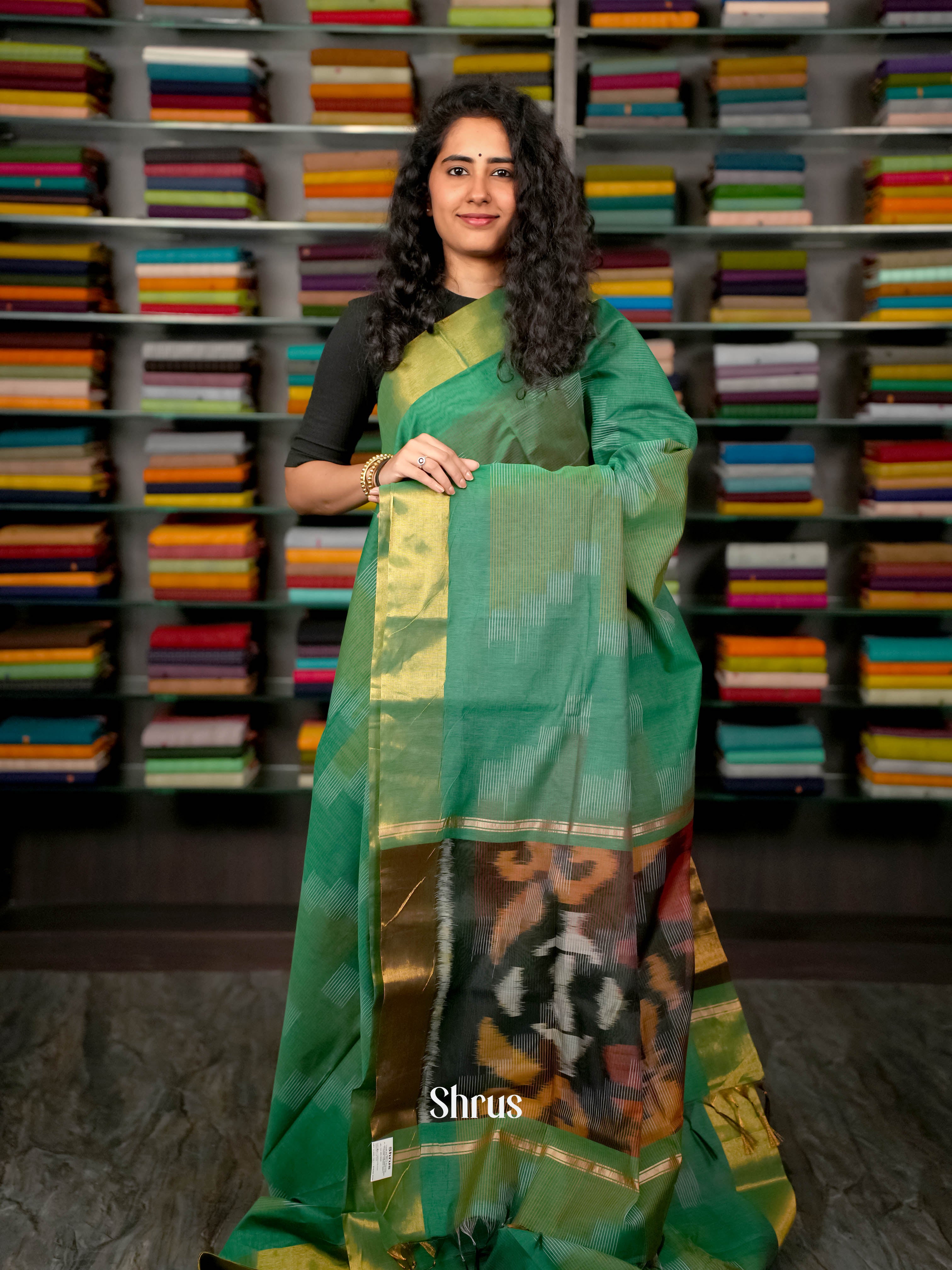 Green - Ikkat Kora Saree - Shop on ShrusEternity.com
