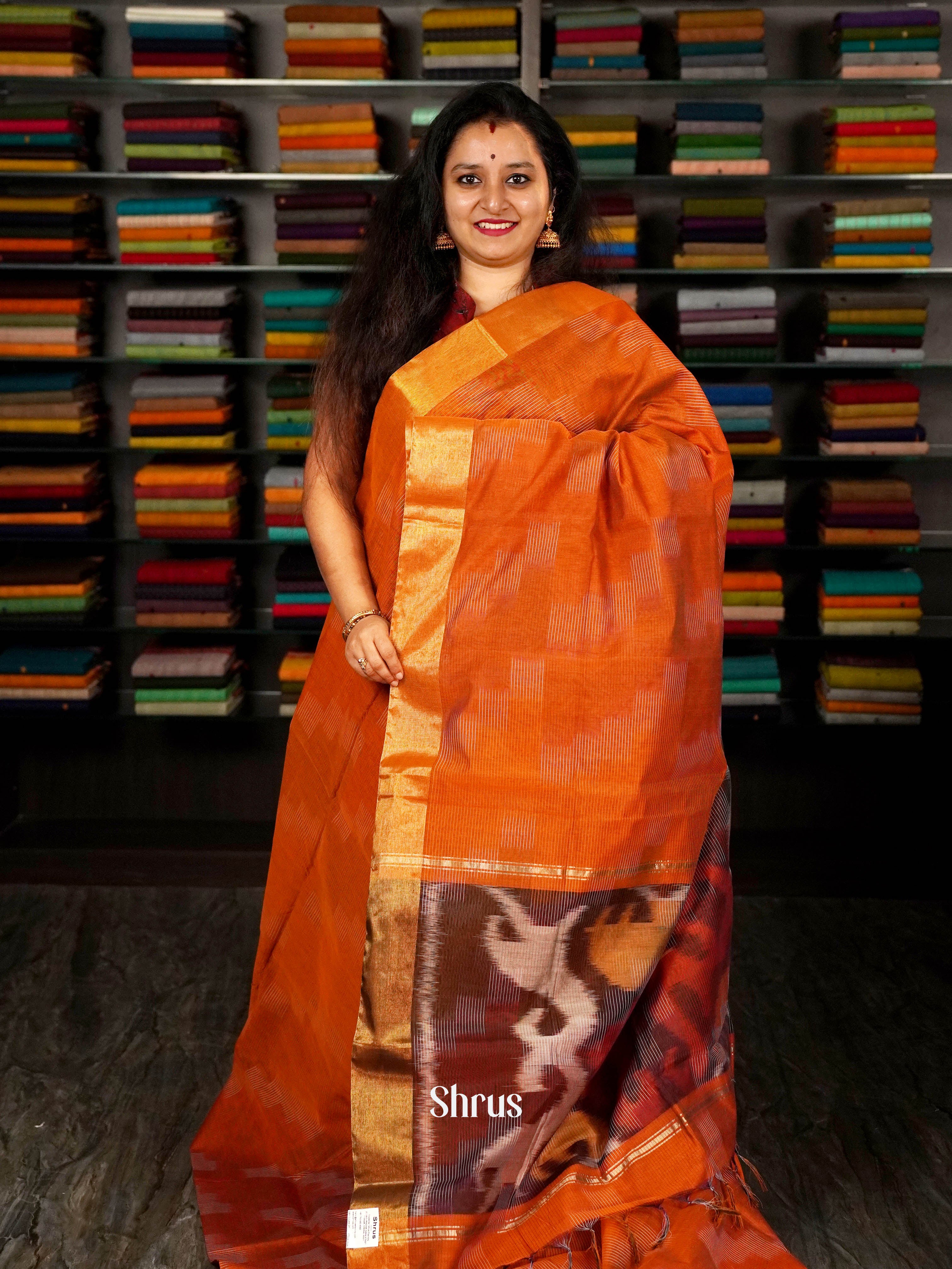Orange & Brown - Ikkat Kora Saree - Shop on ShrusEternity.com