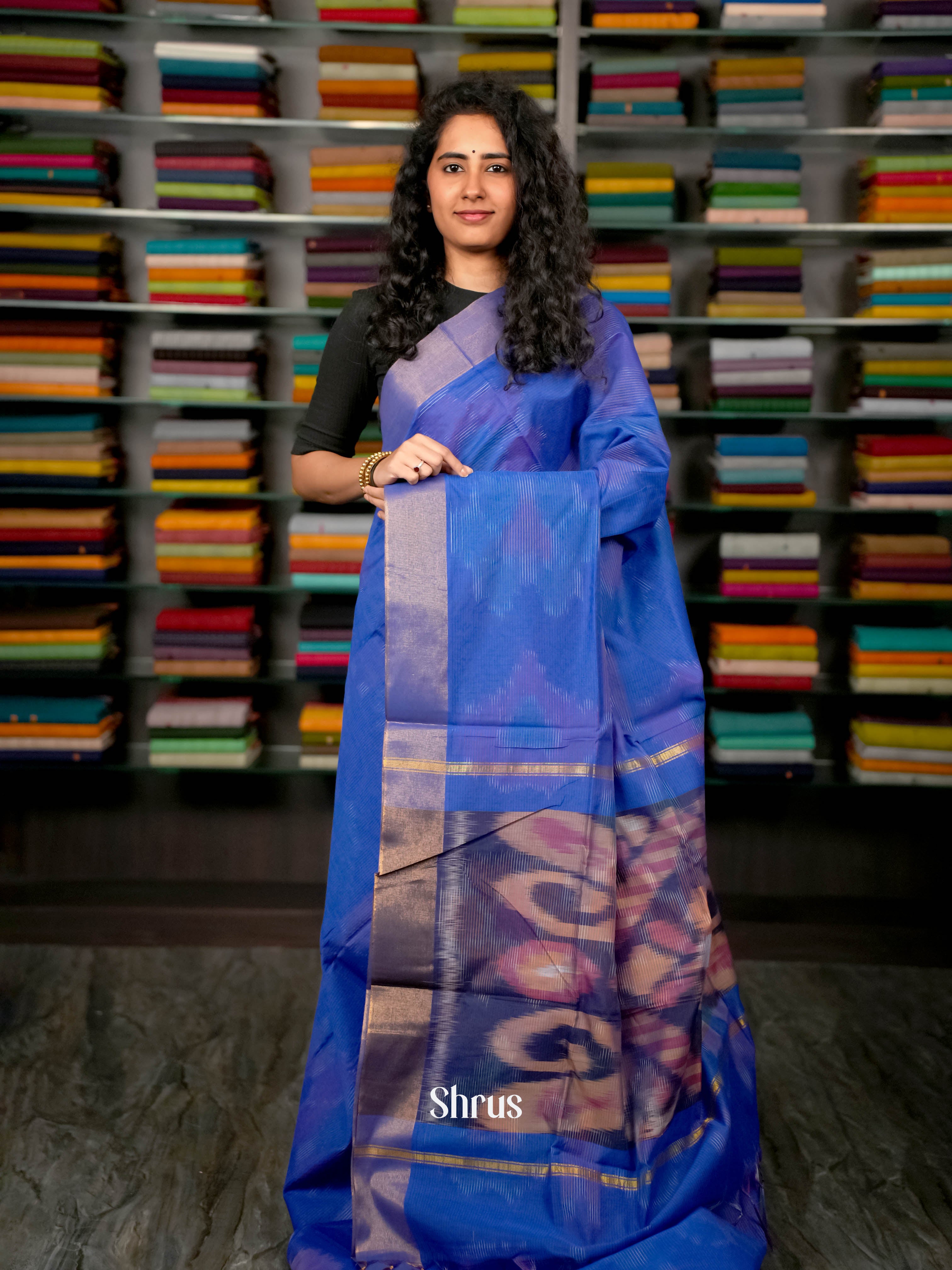 Blue - Ikkat Kora Saree - Shop on ShrusEternity.com