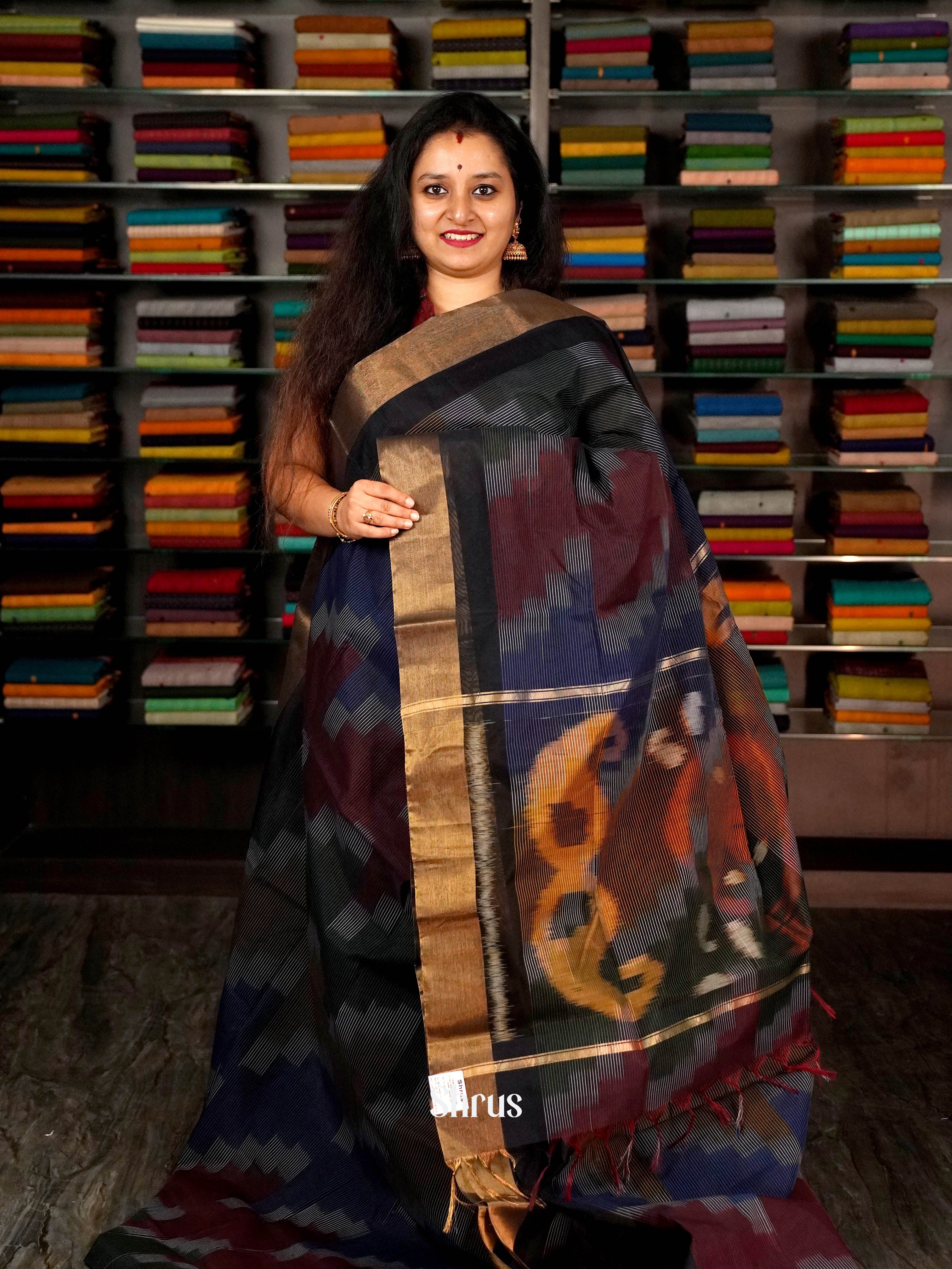 Black & Maroon - Ikkat Kora Saree - Shop on ShrusEternity.com