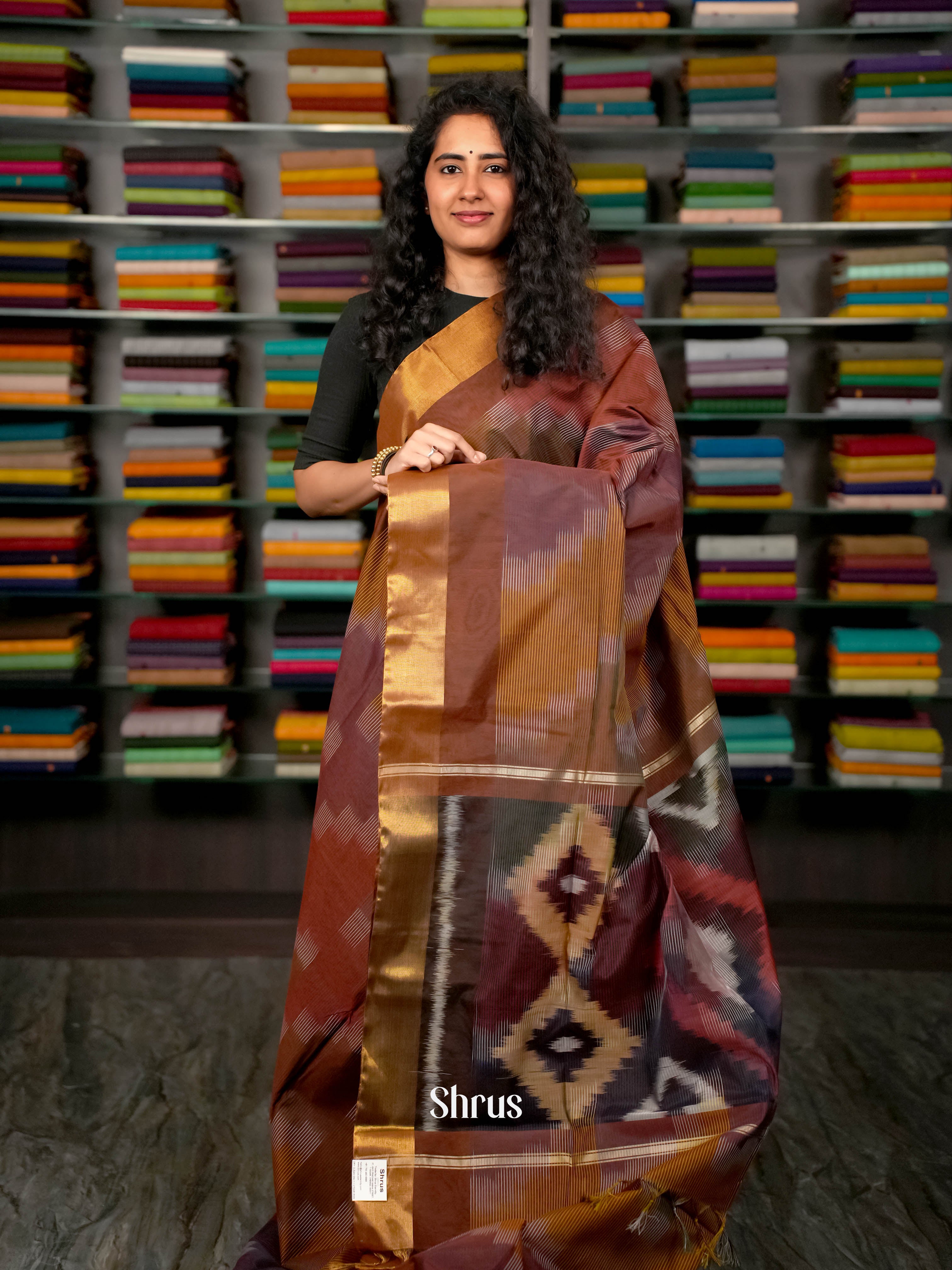 Brown - Ikkat Kora Saree - Shop on ShrusEternity.com