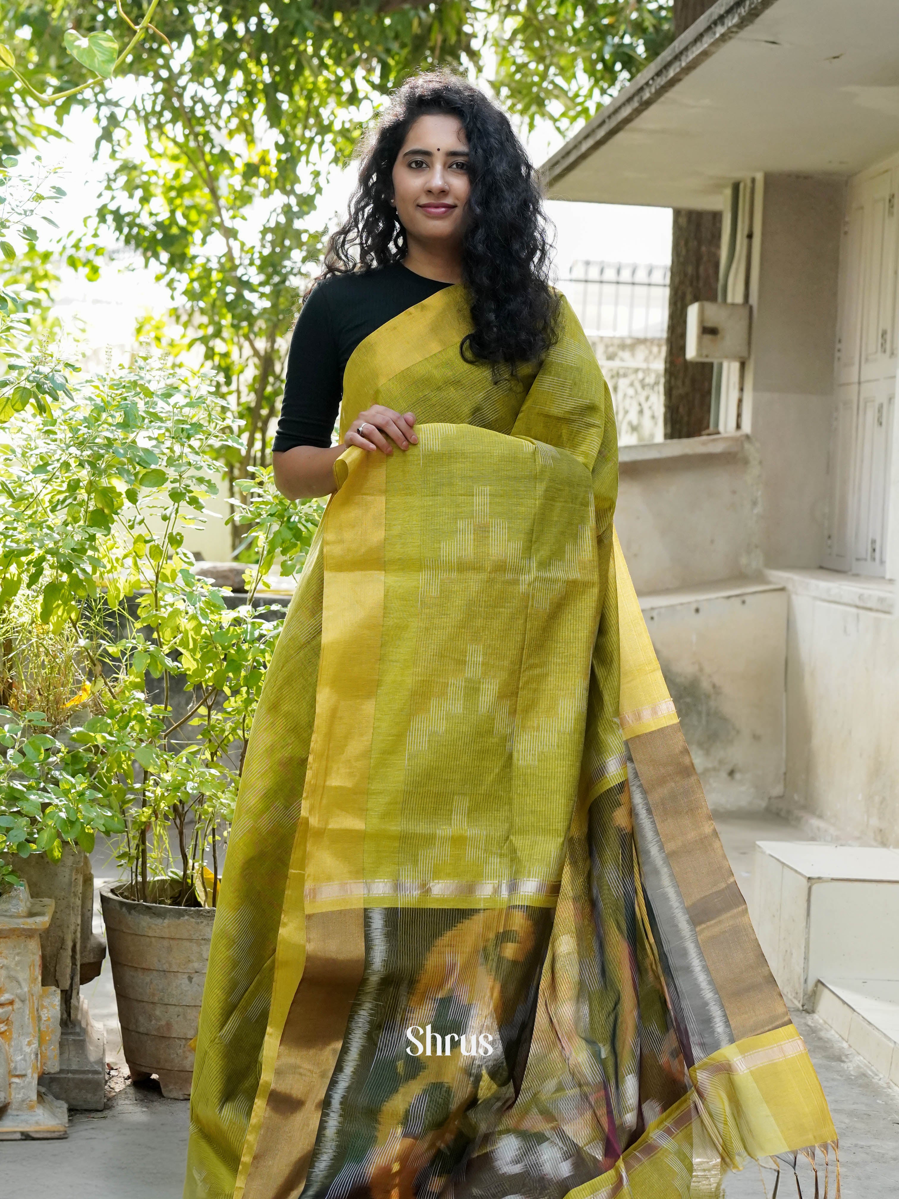 Greenish Yellow - Ikkat Kora Saree - Shop on ShrusEternity.com