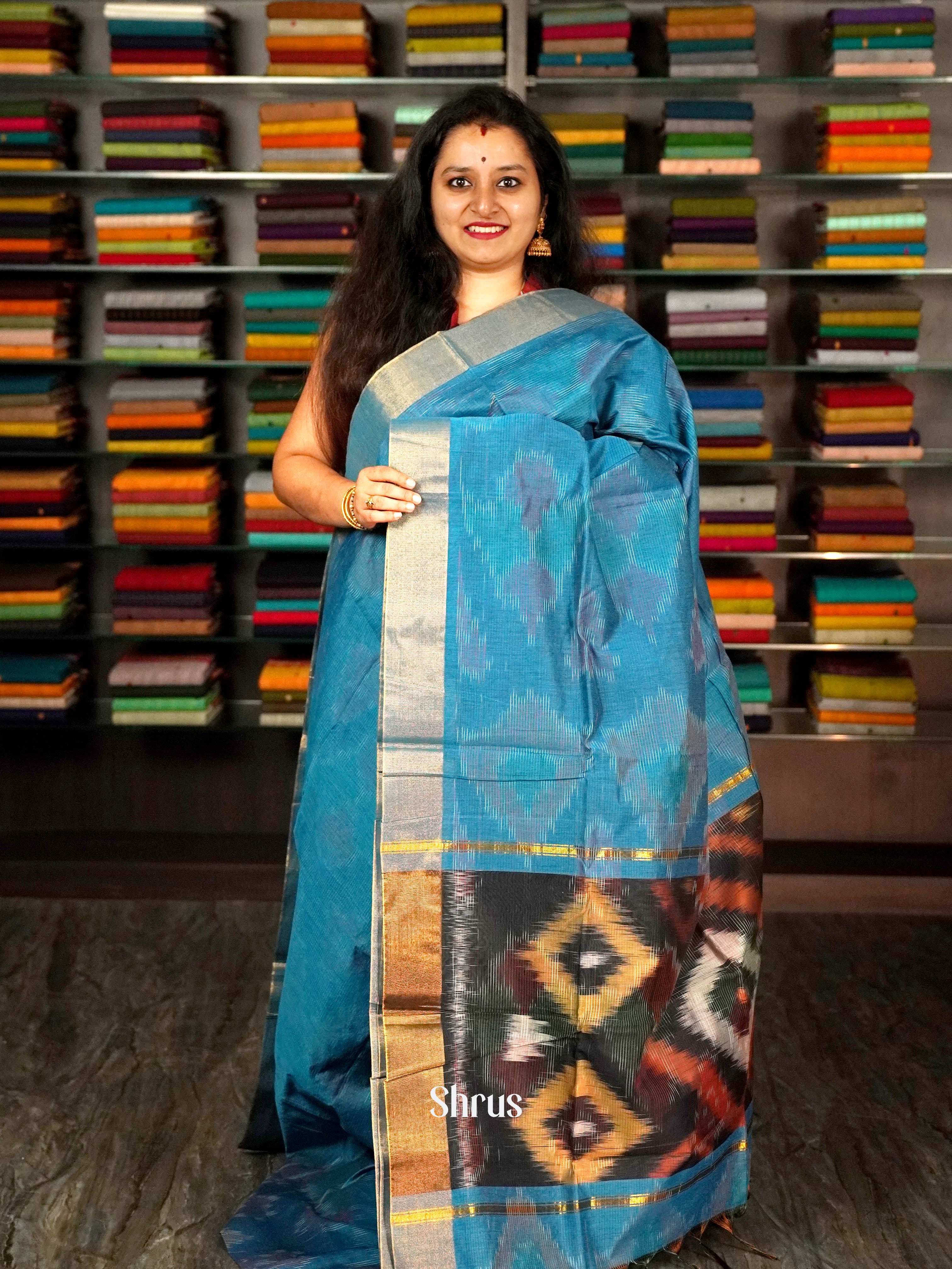 Teal - Ikkat Kora Saree - Shop on ShrusEternity.com