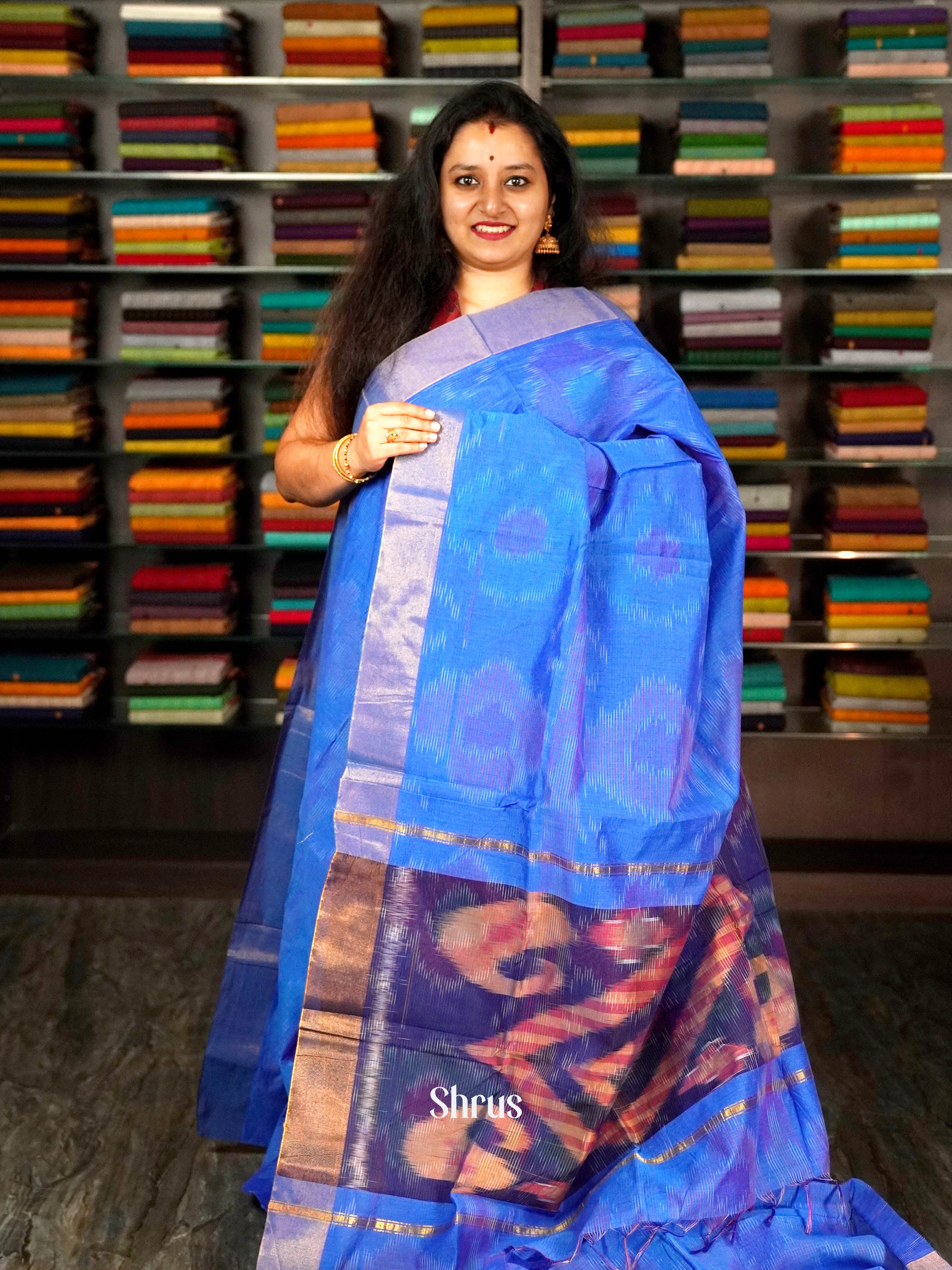 Blue - Ikkat Kora Saree - Shop on ShrusEternity.com