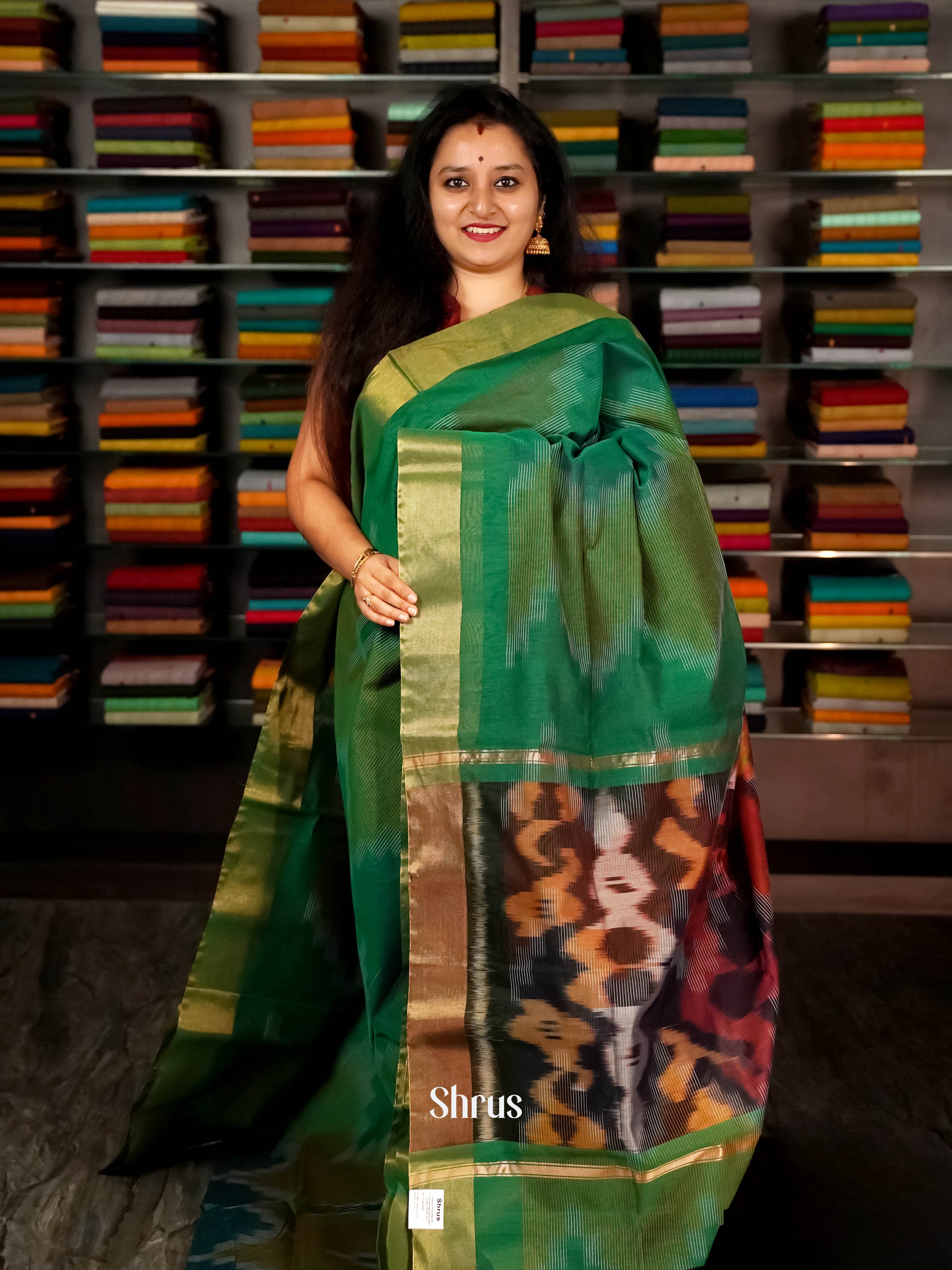 Green - Ikkat Kora Saree - Shop on ShrusEternity.com