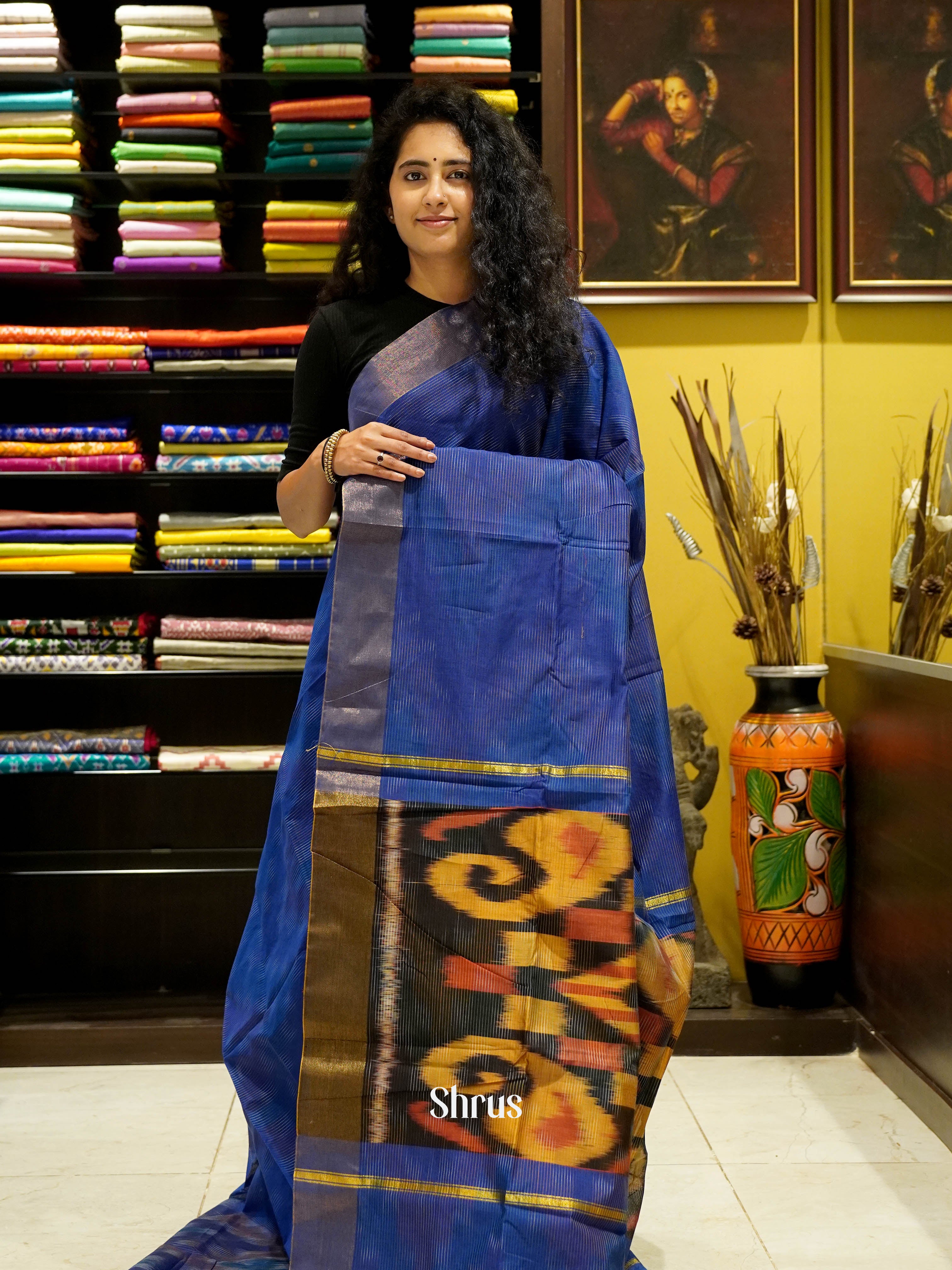 Blue - Ikkat Kora Saree - Shop on ShrusEternity.com
