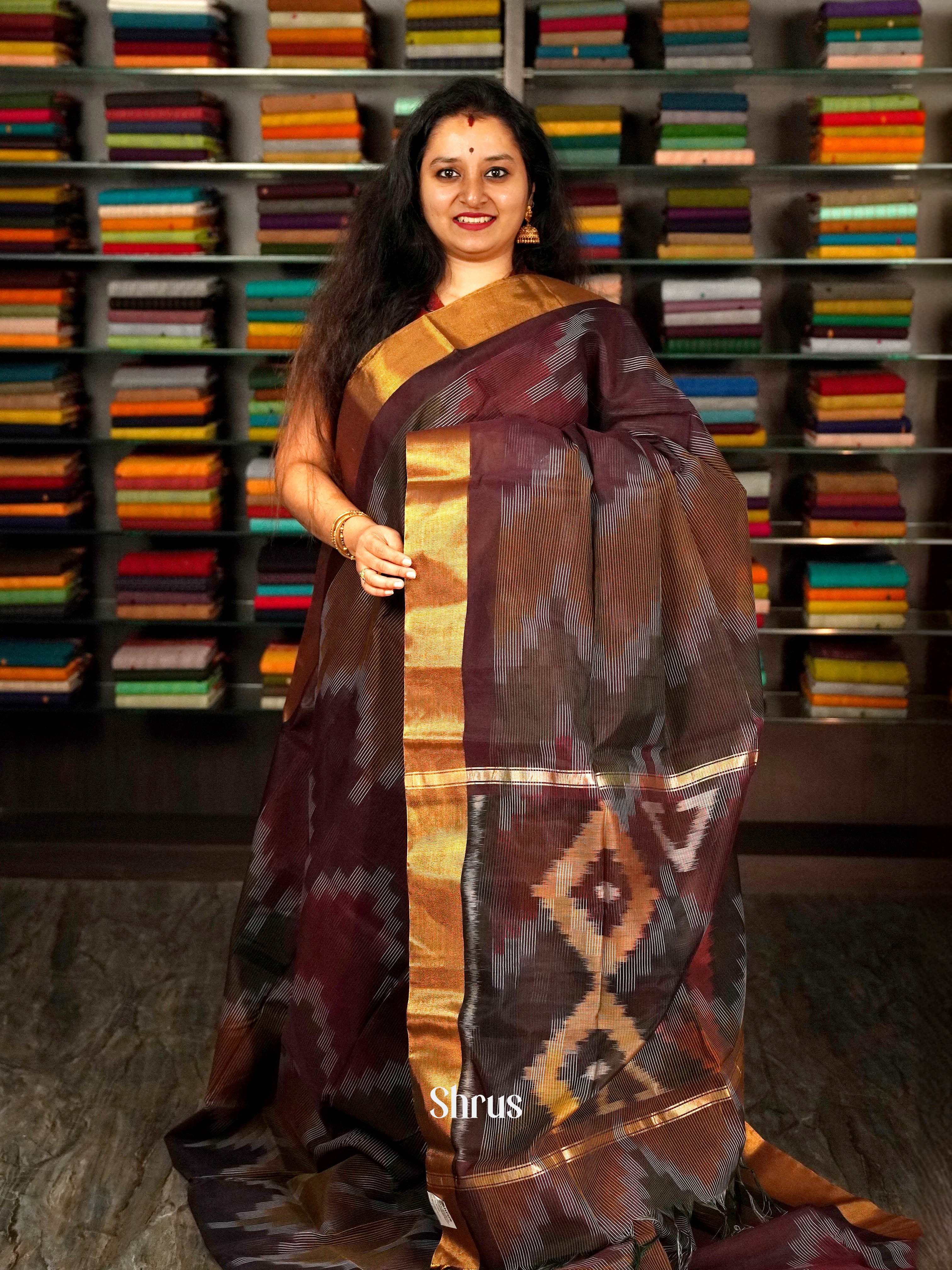 Brown - Ikkat Kora Saree - Shop on ShrusEternity.com