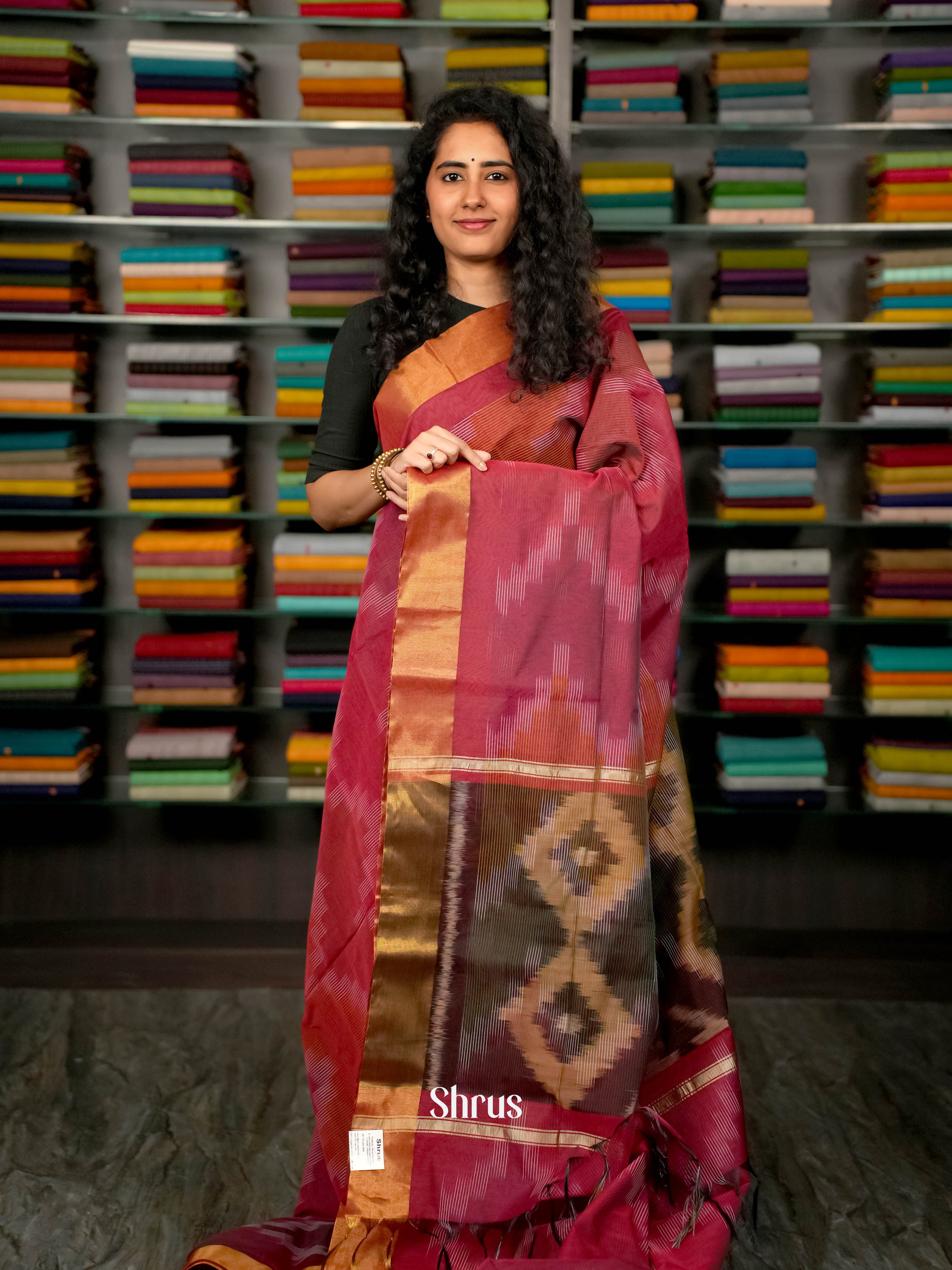 Maroon - Ikkat Kora Saree - Shop on ShrusEternity.com