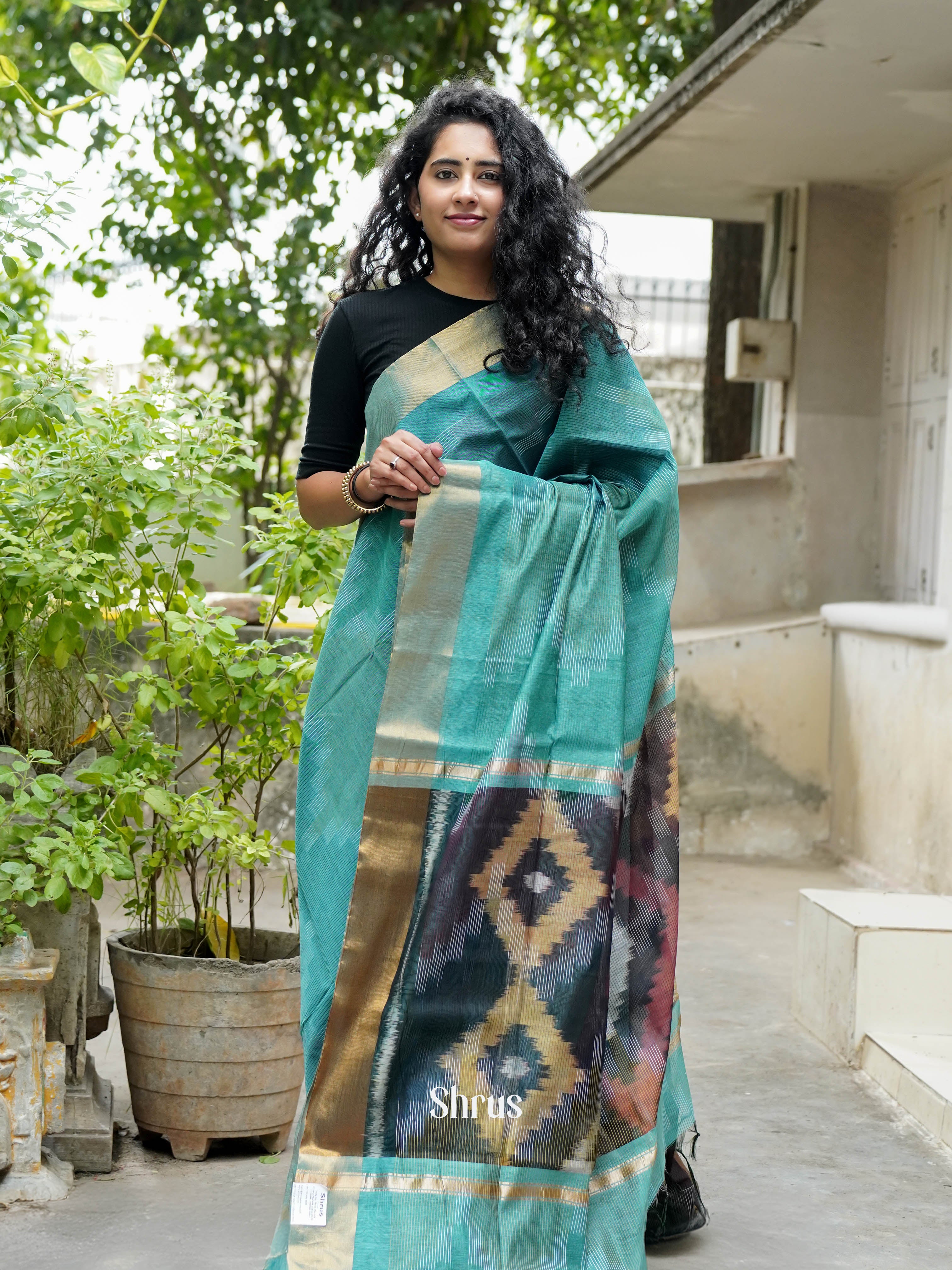 Greenish Blue - Ikkat Kora Saree - Shop on ShrusEternity.com