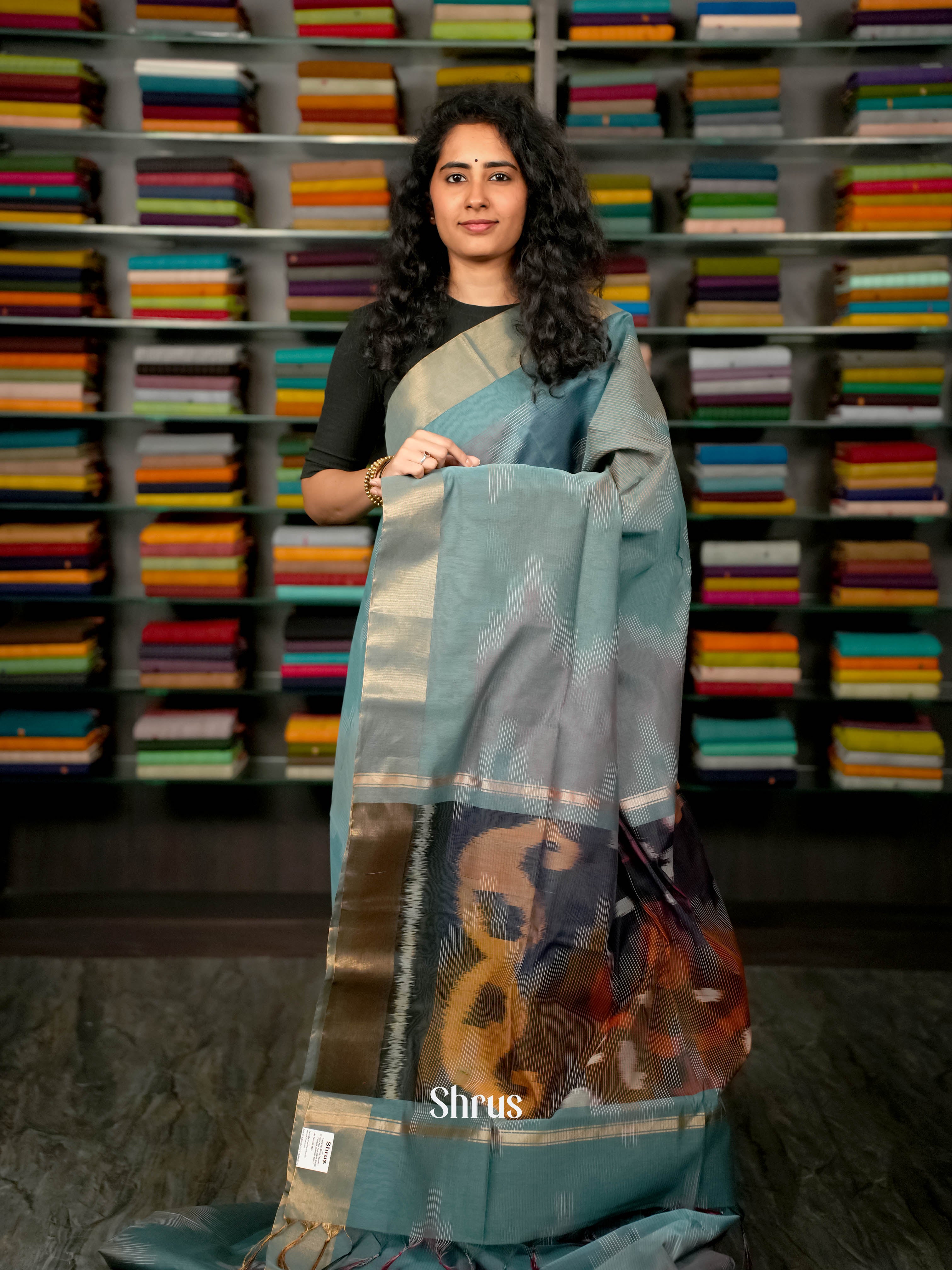 Greyish Blue- Ikkat Kora Saree - Shop on ShrusEternity.com