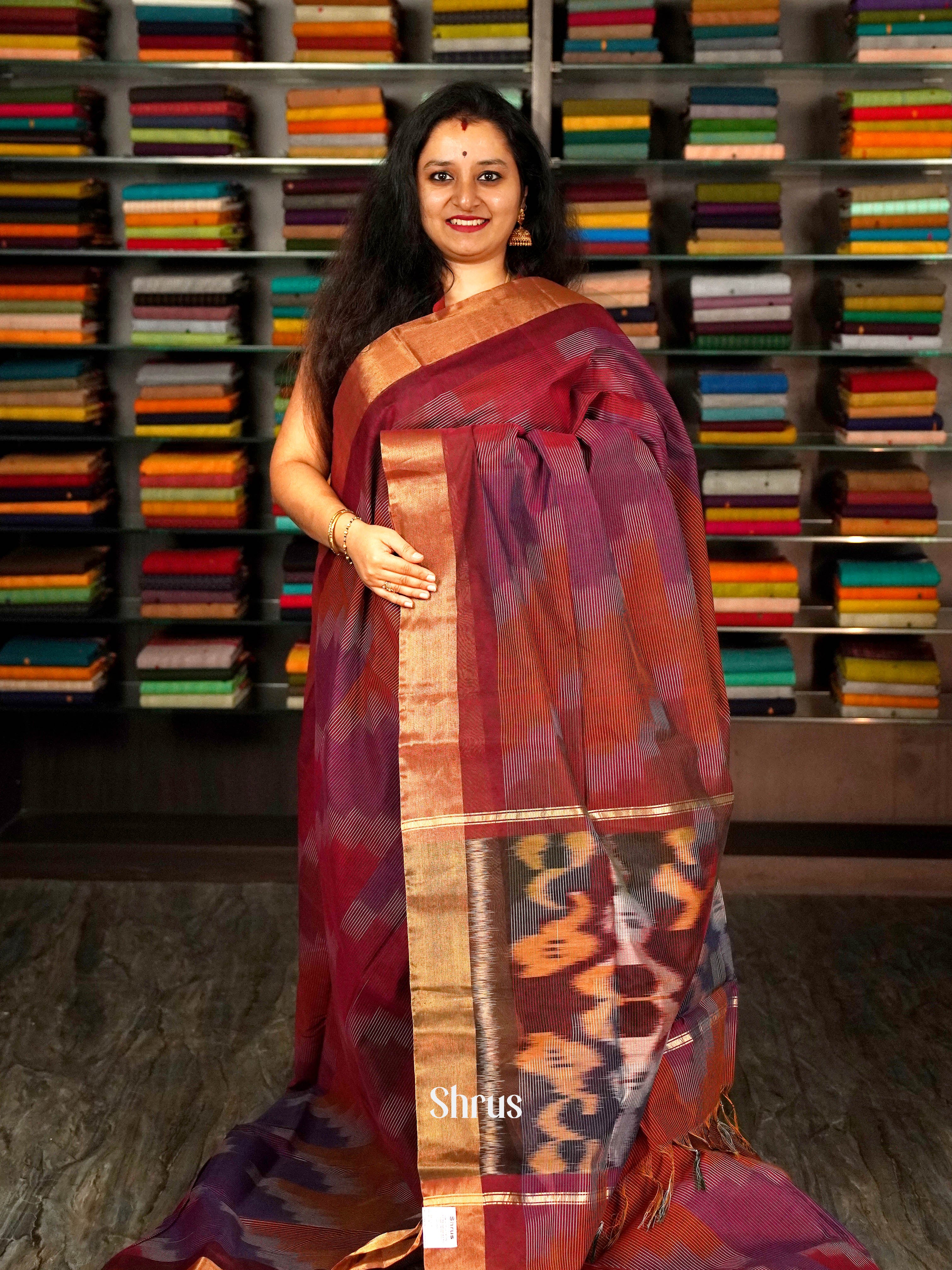 Maroon - Ikkat Kora Saree - Shop on ShrusEternity.com