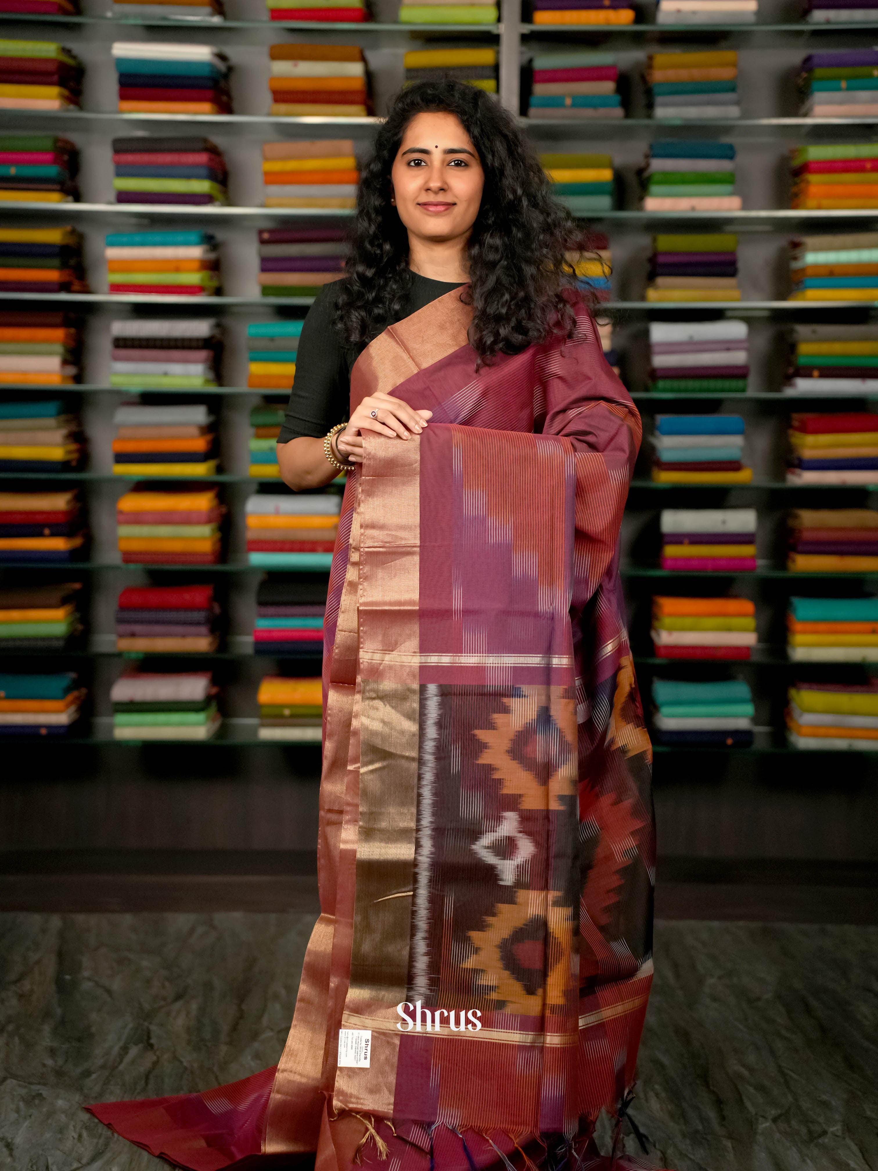 Purple & Maroon - Ikkat Kora Saree - Shop on ShrusEternity.com