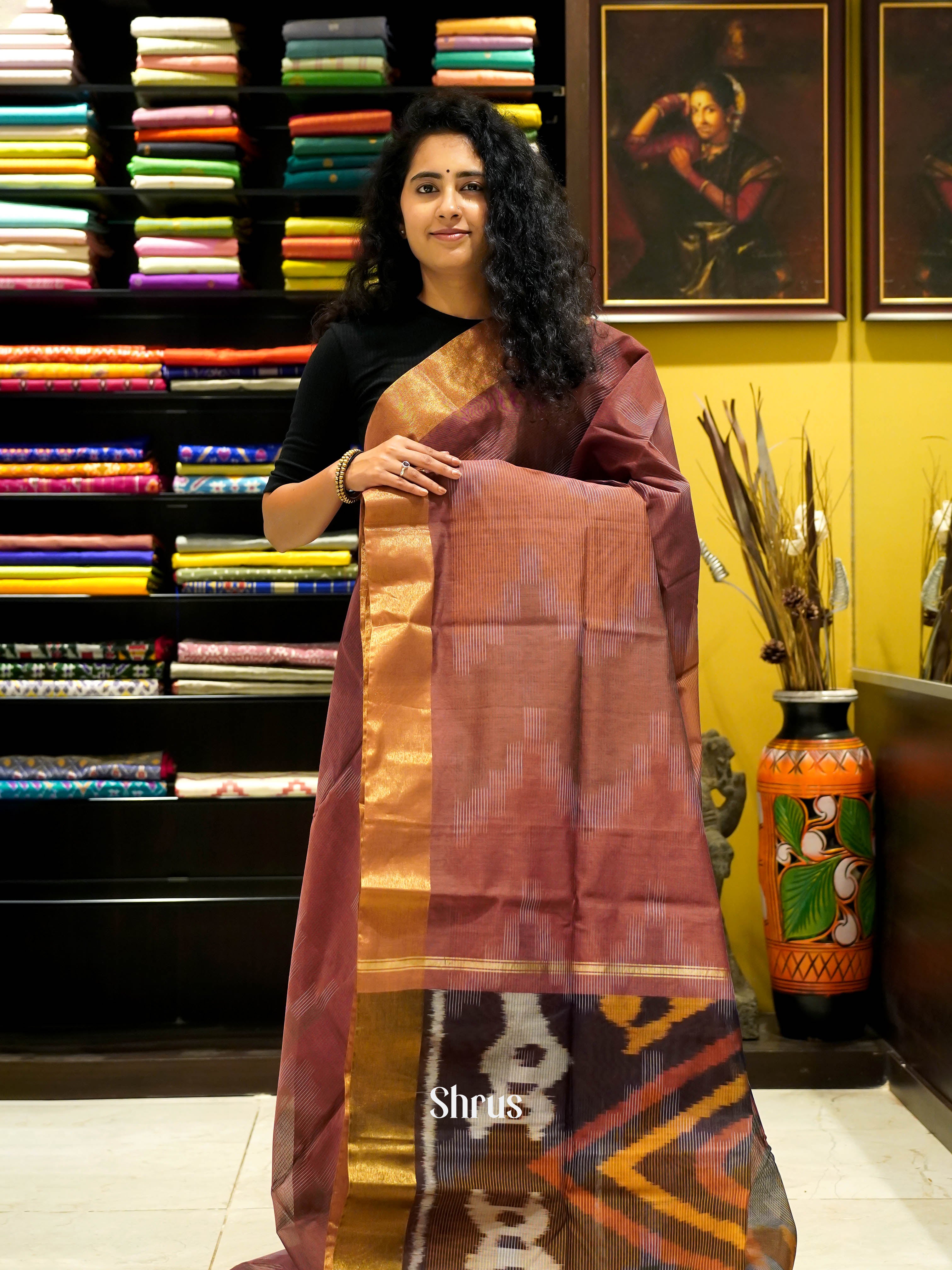Light Maroon - Ikkat Kora Saree - Shop on ShrusEternity.com